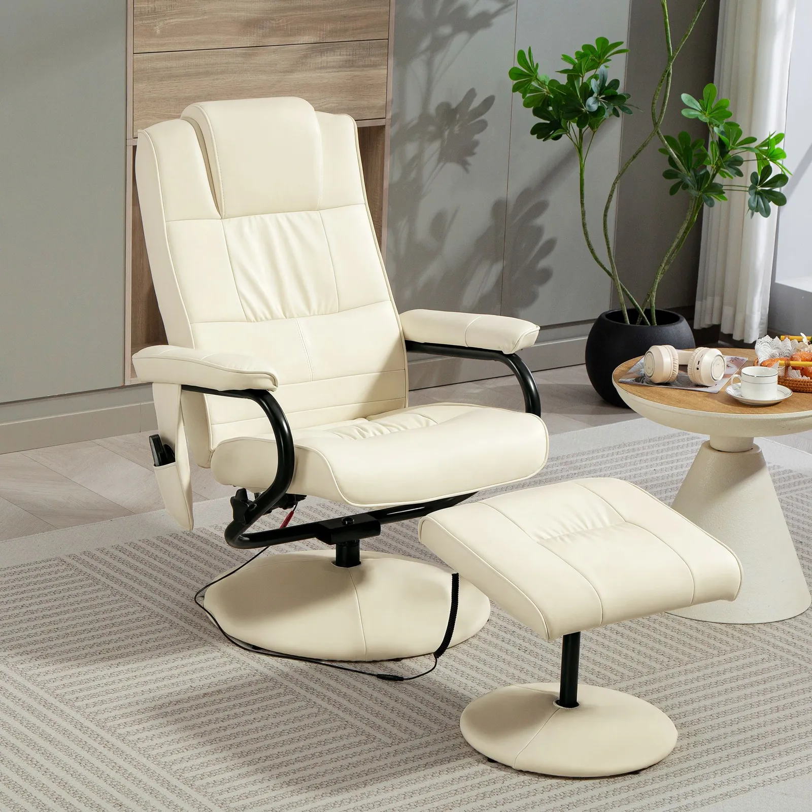 HOMCOM Massage Ottoman Cushioned Recliner Chair 10 Points Vibration Cream 2