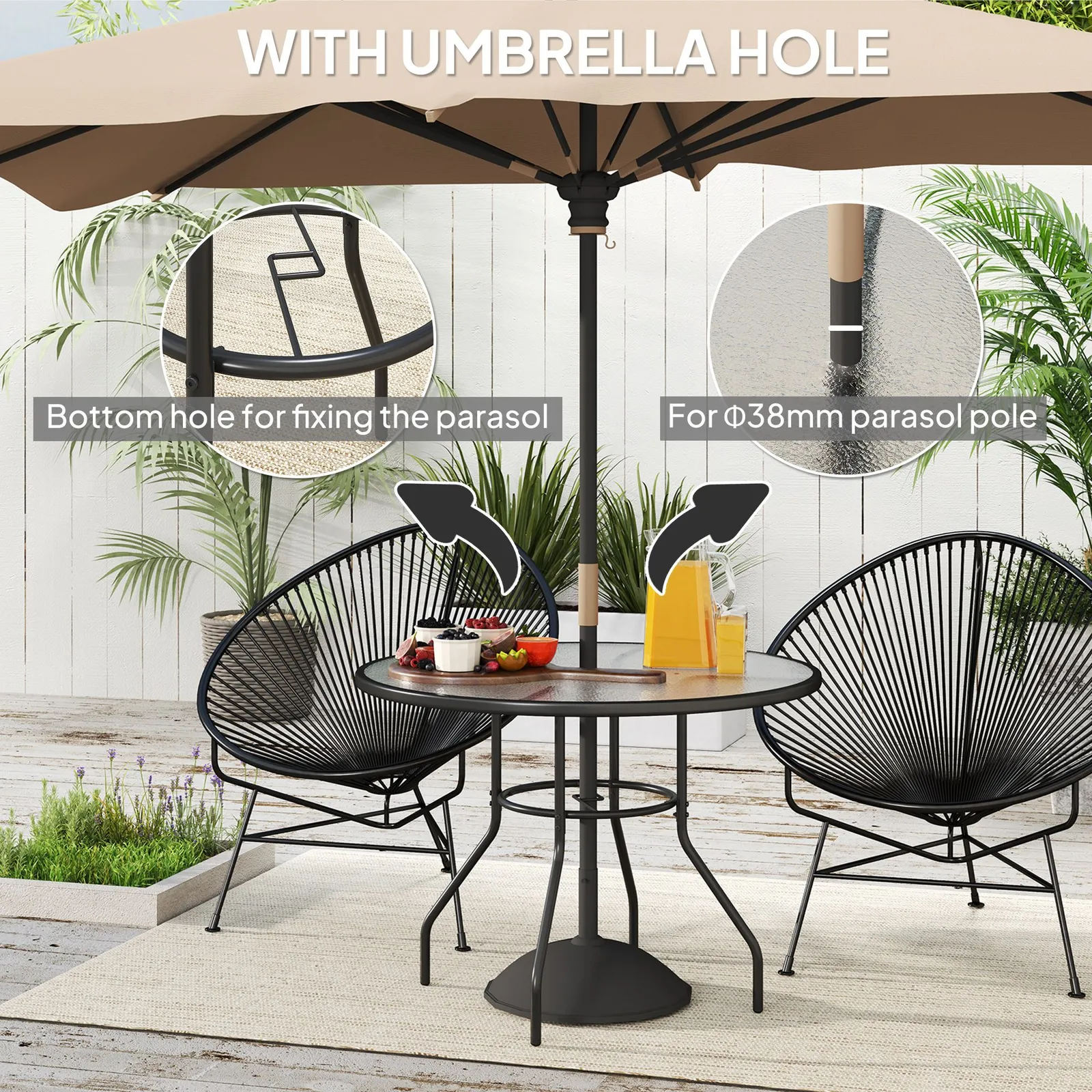 OUTSUNNY Outdoor Round Dining Table Tempered Glass Top w/ Parasol Hole 100cm in Black 4