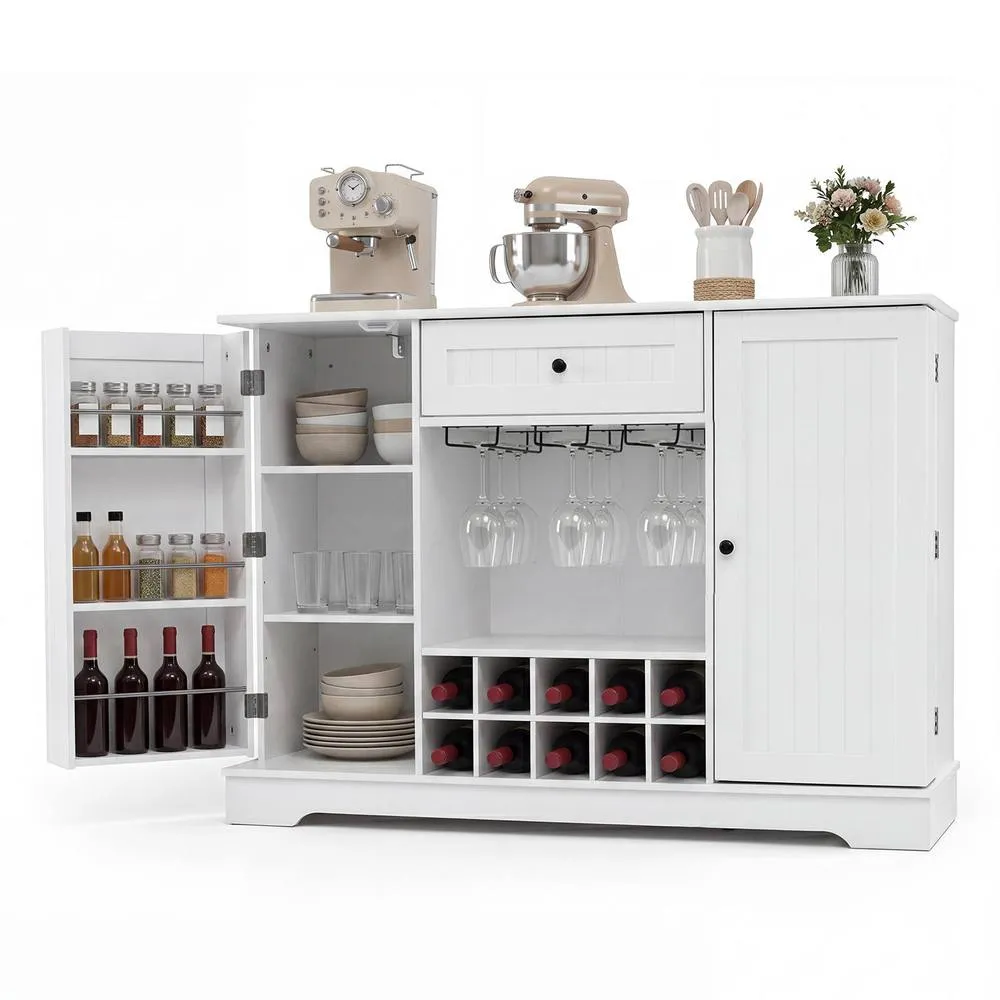 Costway 120 CM Kitchen Storage Cabinet with Door Shelves in White 2