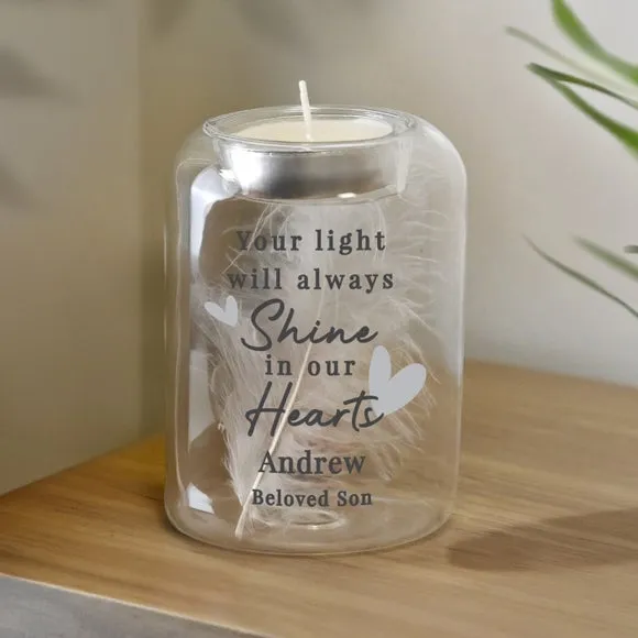 Personalised In our Hearts Memorial Feather Tealight Holder 3