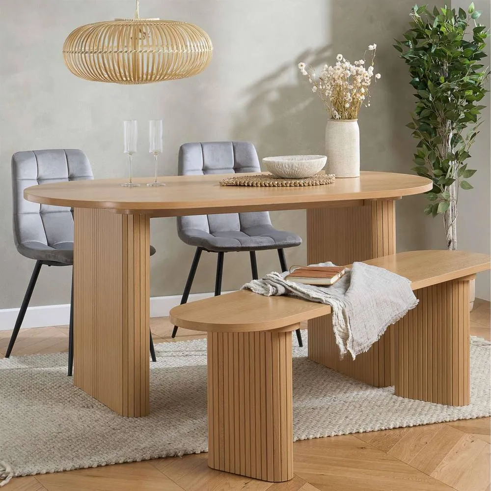 Birlea Axel Oval Fluted Dining Table With 2 Chairs & Bench in Brown