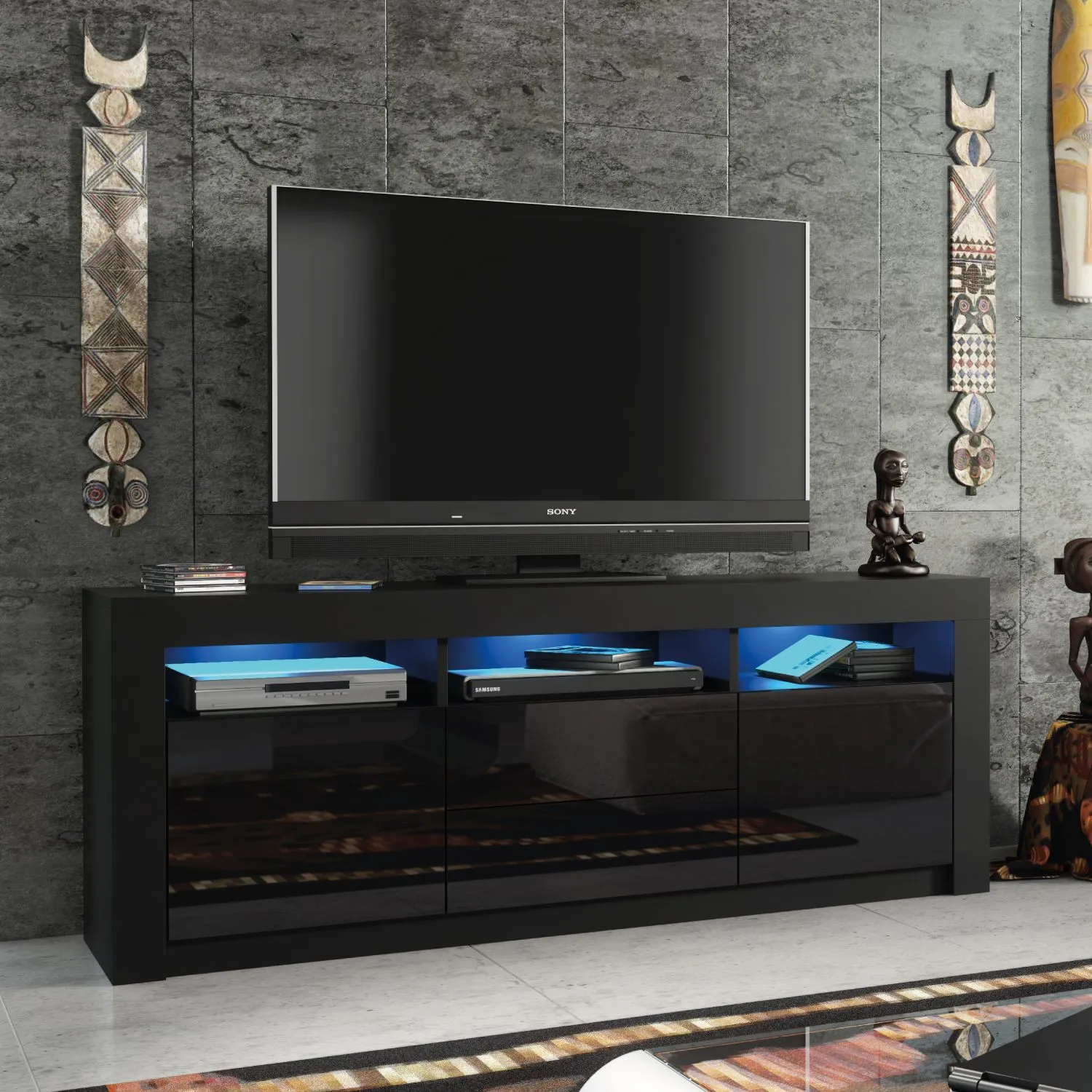 Creative Furniture Shine TV Unit 160cm - A Bright & Stylish Cabinet with Gloss Doors & LED Lights in Black