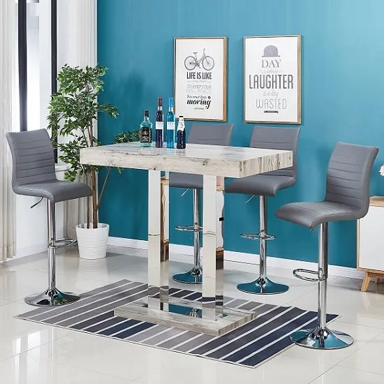 Caprice Modern Bar Table In Grey Oak Effect And 4 Ripple Stools