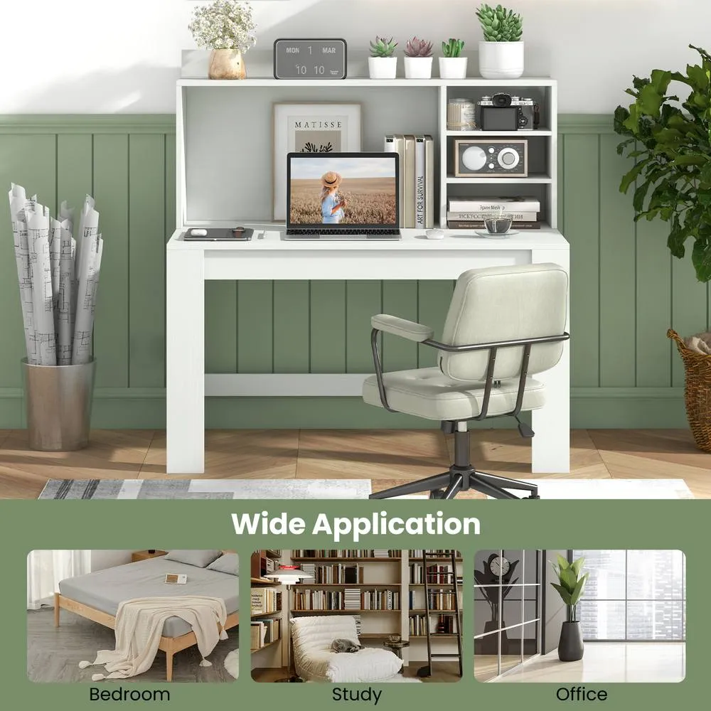 Costway Wooden Computer Desk Home Office Laptop PC Desk w/ Hutch in White 4