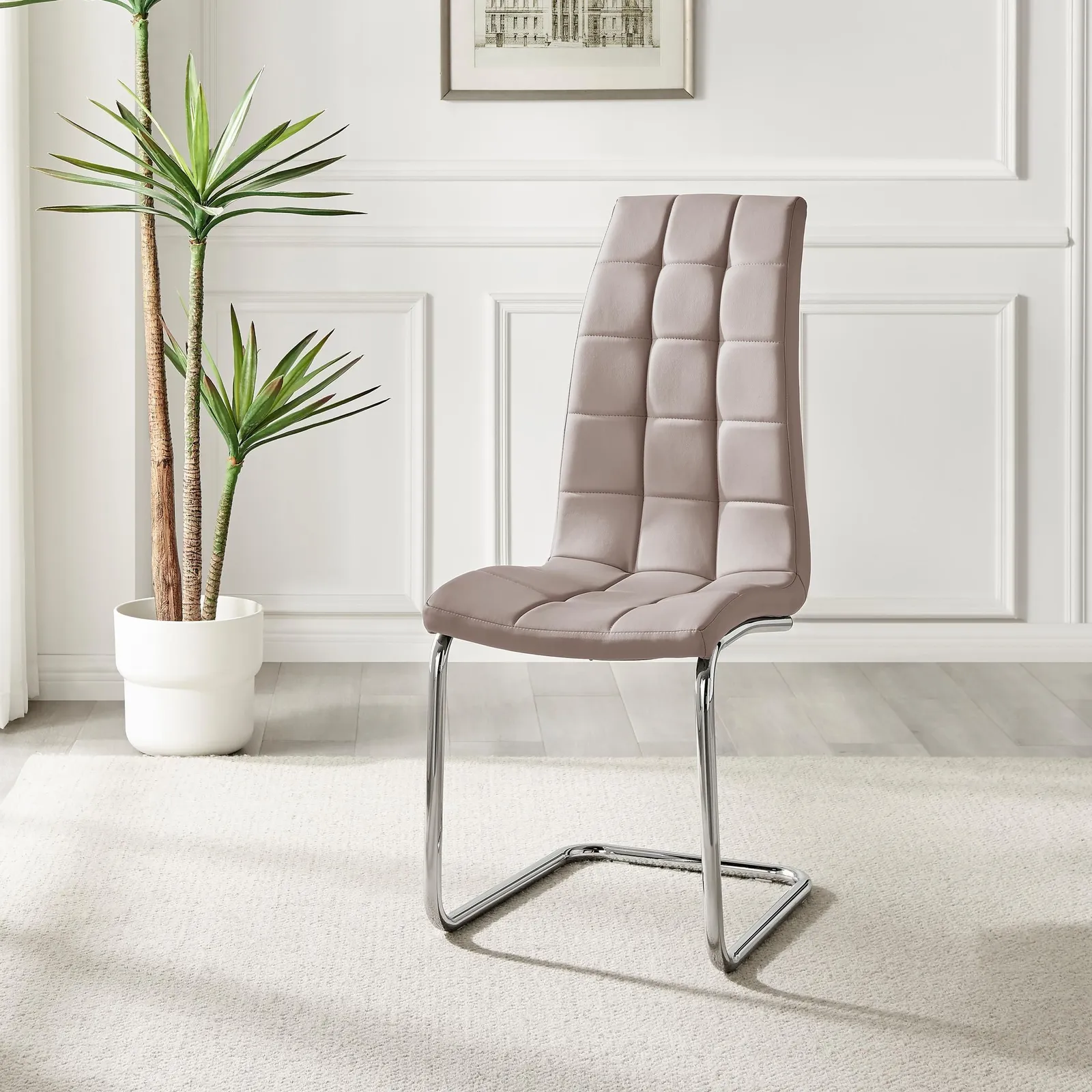 FurnitureboxUK Set of 2 Murano Deep Cushioned Soft Touch Faux Leather Dining Chairs With Silver Chrome Metal Legs in Beige 4