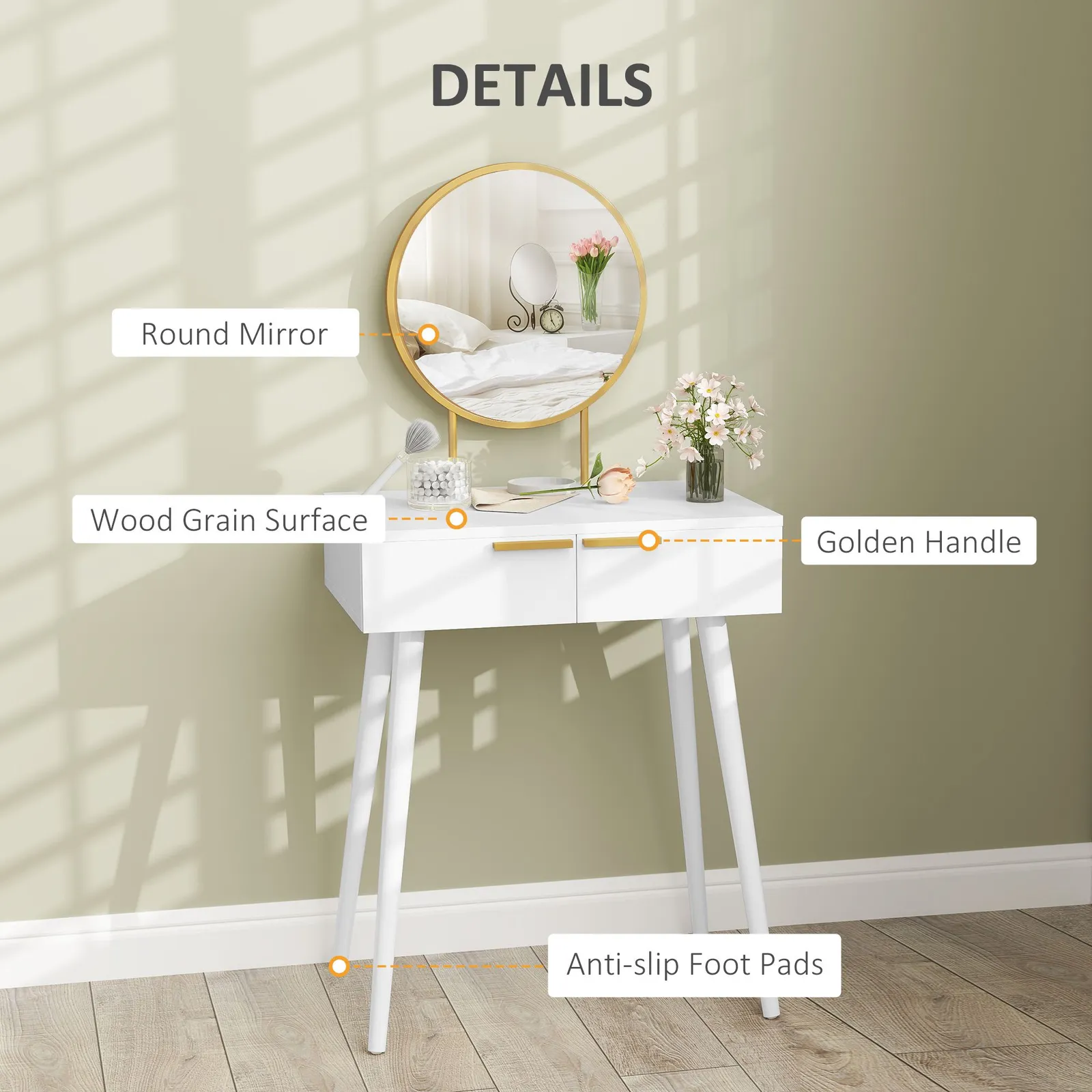 HOMCOM Modern Dressing Table w/ 2 Drawers Round Mirror for Bedroom White 4