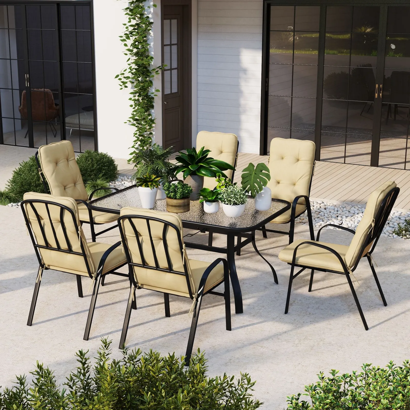 OUTSUNNY 7 PCs Garden Dining Set w/ Umbrella Hole & Cushion in Beige