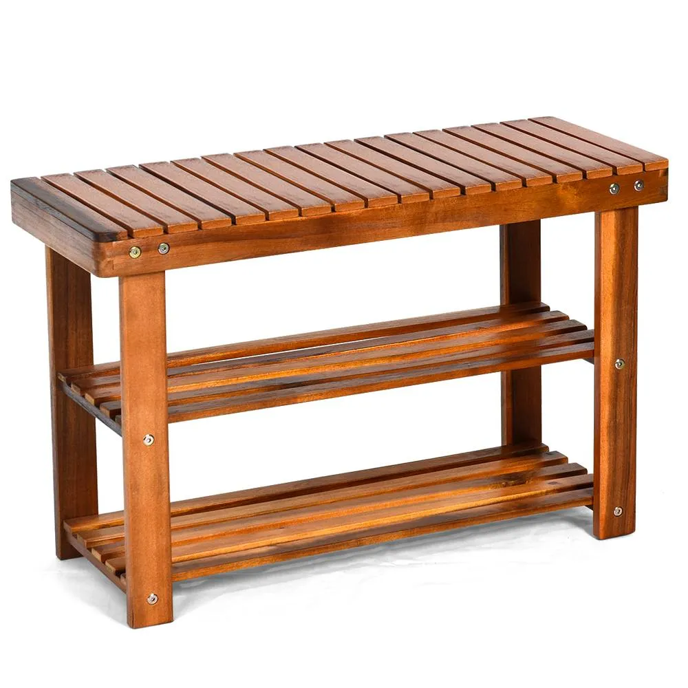 Costway Acacia Wood Shoe Rack Bench 3-Tier Shoe Organizer 70x28x45cm in Brown 3