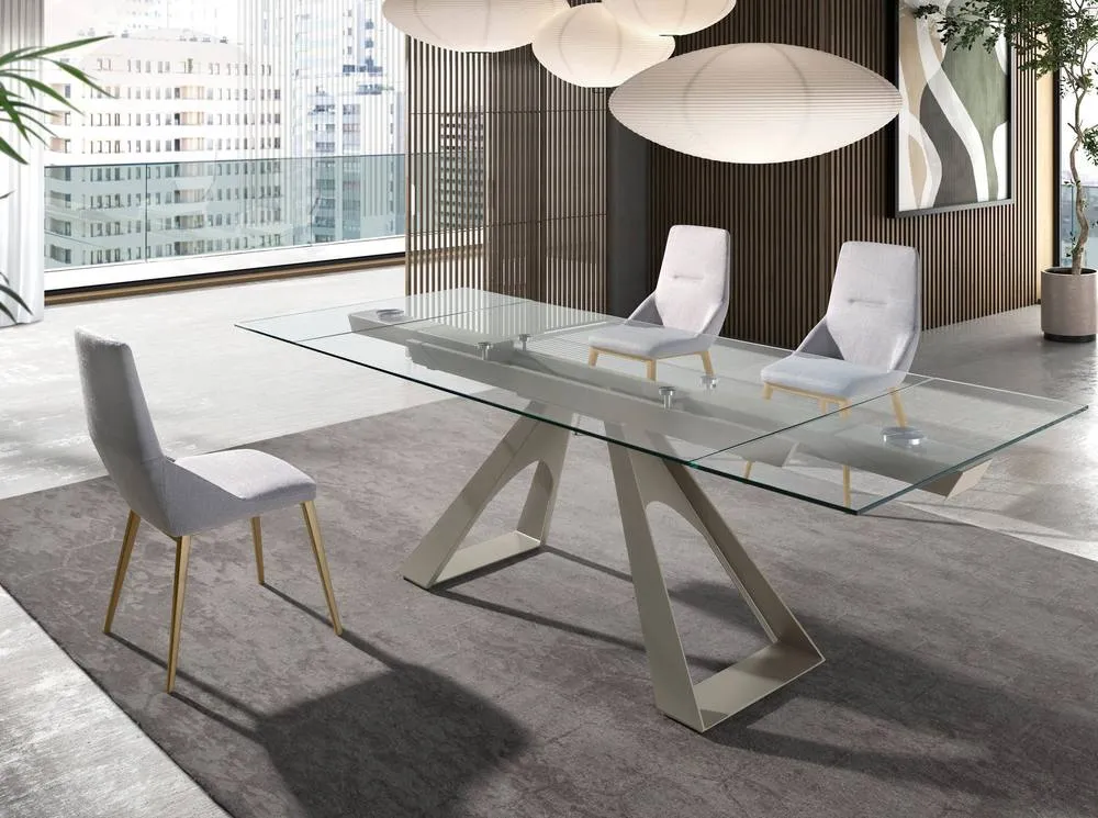 Angel Cerda Rectangular Extendable Dining Table, Tempered Glass, Taupe Steel 6