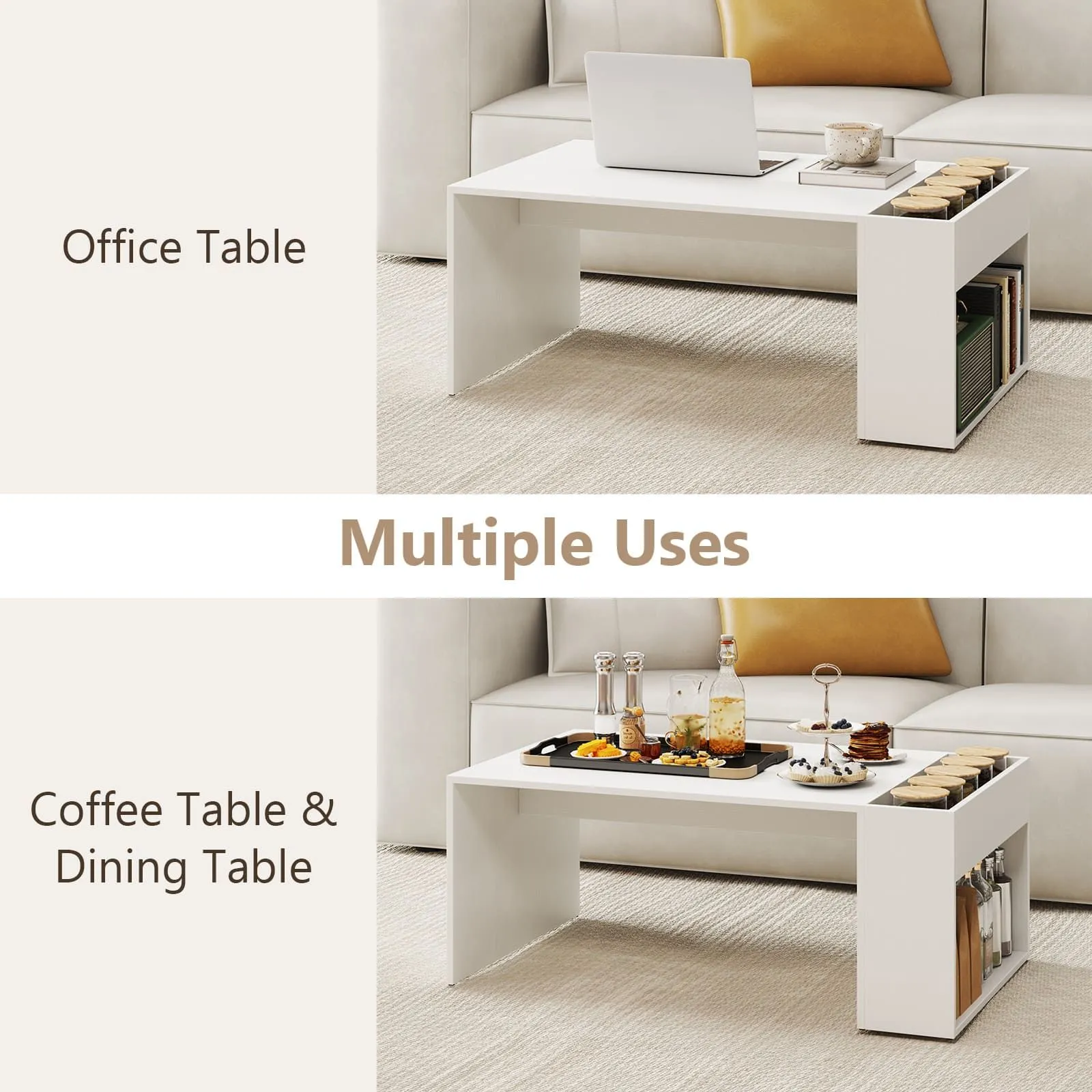 Costway Coffee Table 85cm Coffee Table with Double-Layer Storage Space in White 5