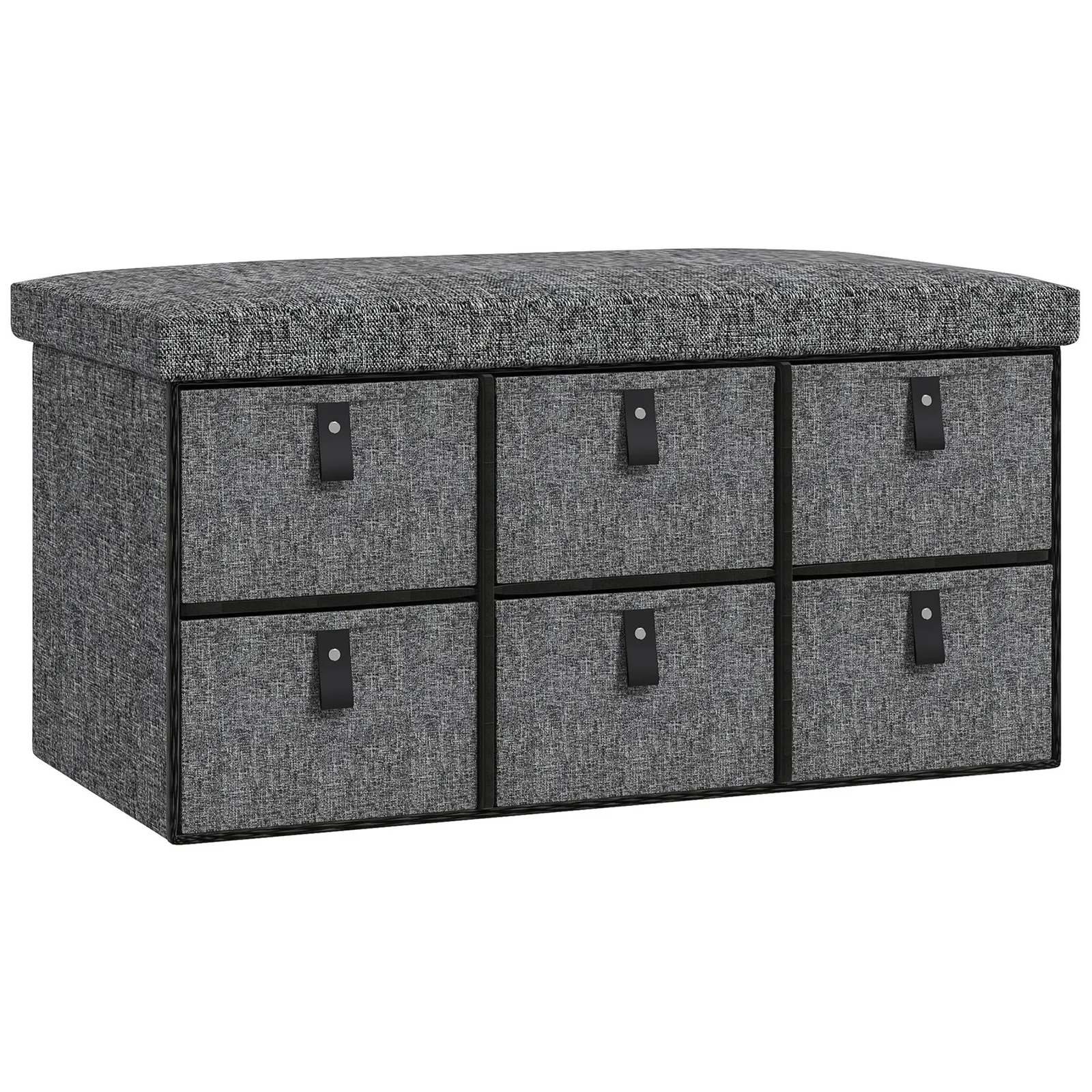 HOMCOM Shoe Bench with Cushioned Seat, 6 Fabric Drawers for Entryway Hallway in Dark Grey 2