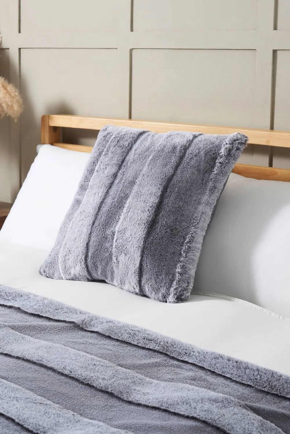BHS Faux Fur Stripe Cushion in Grey