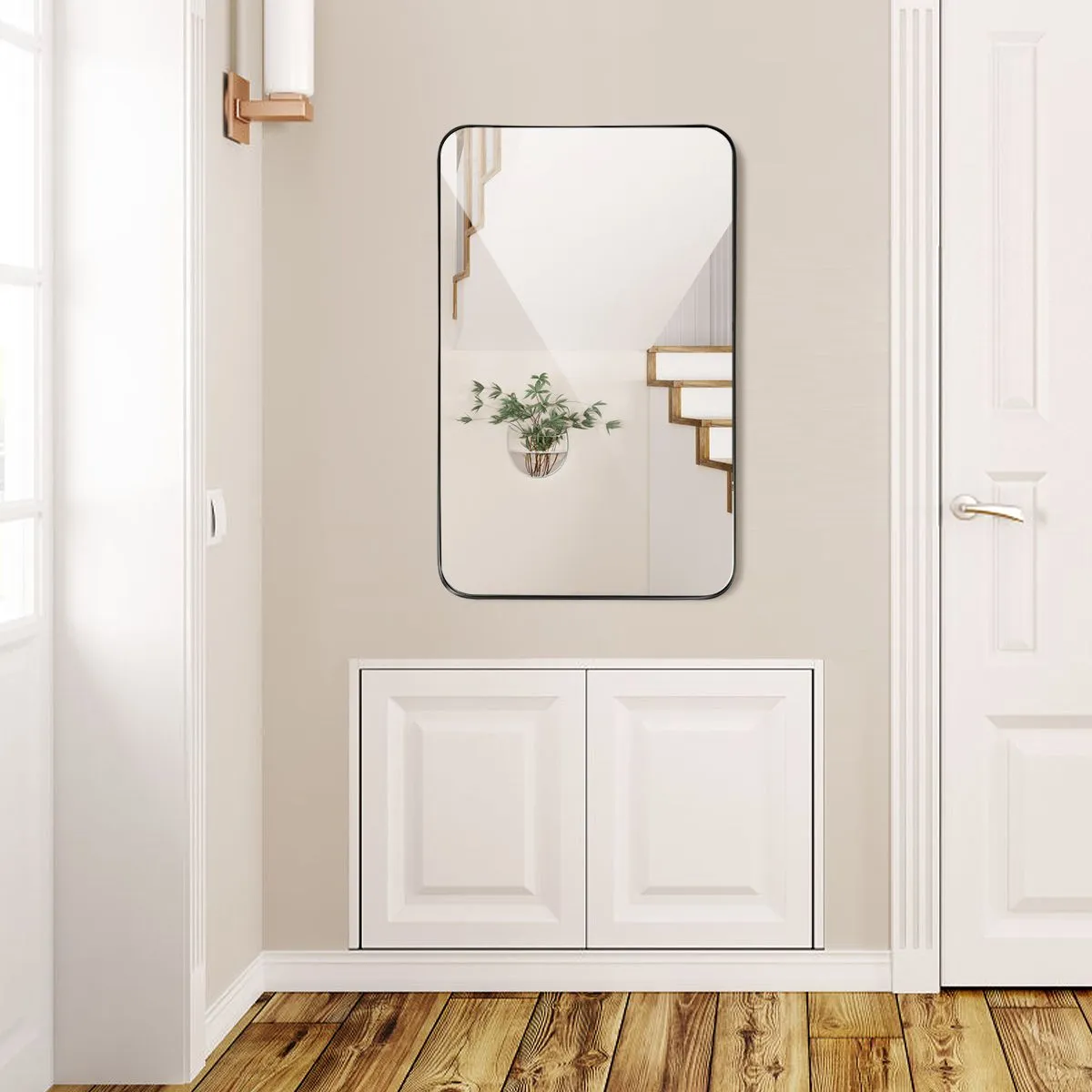 Costway 81 x 51cm Bathroom Wall Mirror Rectangular Wall Hanging Mirror Rounded Corner in Black 6