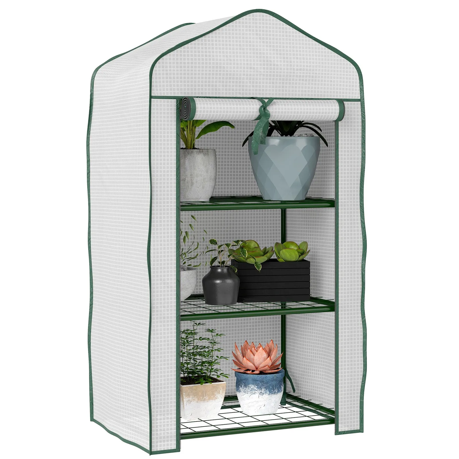 OUTSUNNY Portable Mini Greenhouse with Roll-up Door & Wire Shelves, White 2