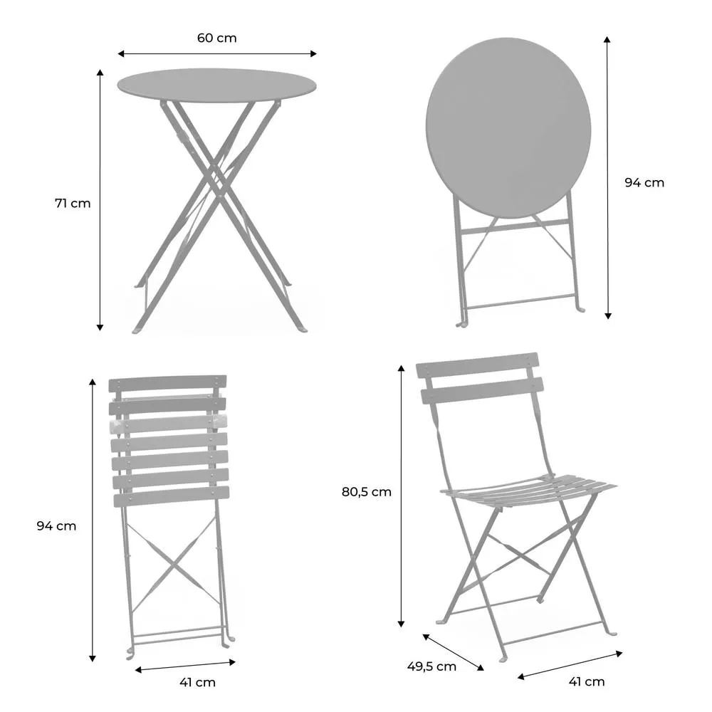 sweeek Round folding metal bistro garden table with 2 chairs in Grey 5