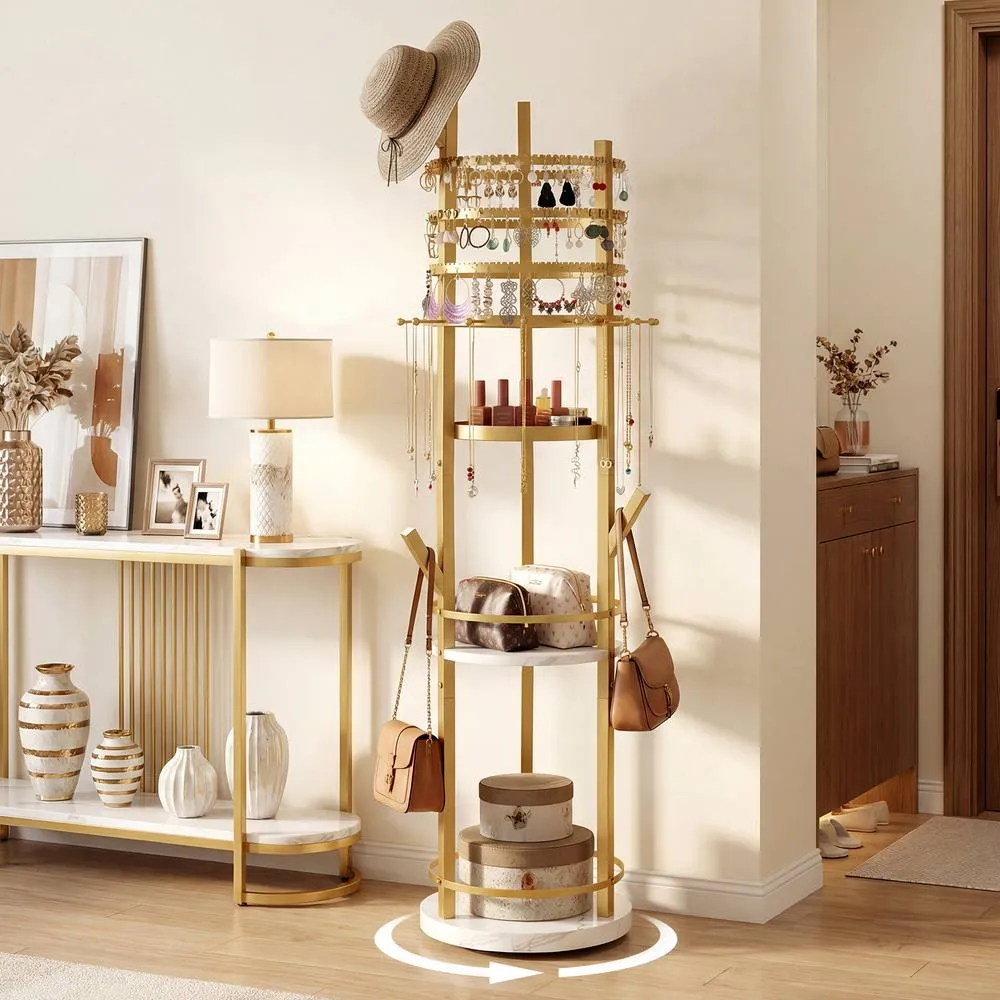 Costway Rotating Jewelry Stand Jewelry Display Tower w/Earring Necklace Holder in Gold