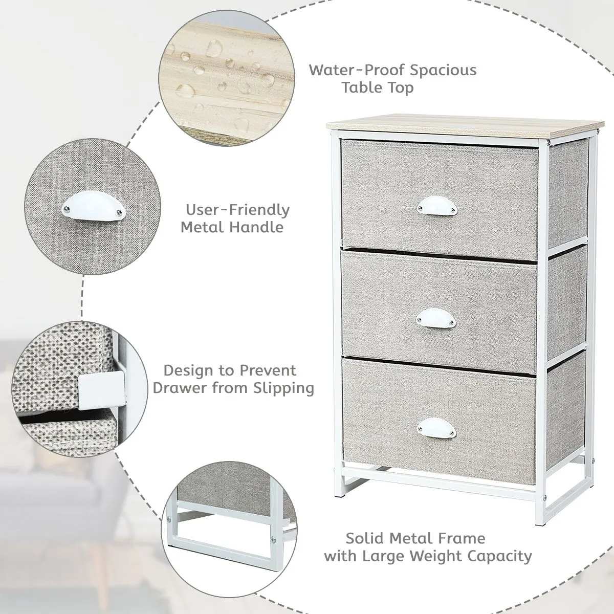 Costway 3-Drawer Fabric Dresser Metal Frame Chest of Drawers Nightstand 4