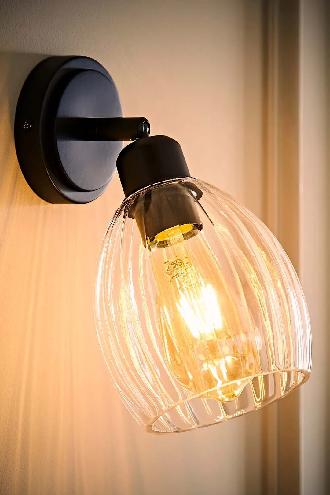 ValueLights Cheltenham Pair of Ribbed Glass Dome Spotlight Wall Lights with Bulbs in Black 2