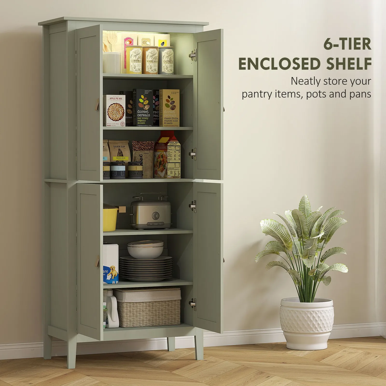 HOMCOM 176.5 cm Tall Freestanding Pantry Storage Cabinet with 4 Doors in Green 5