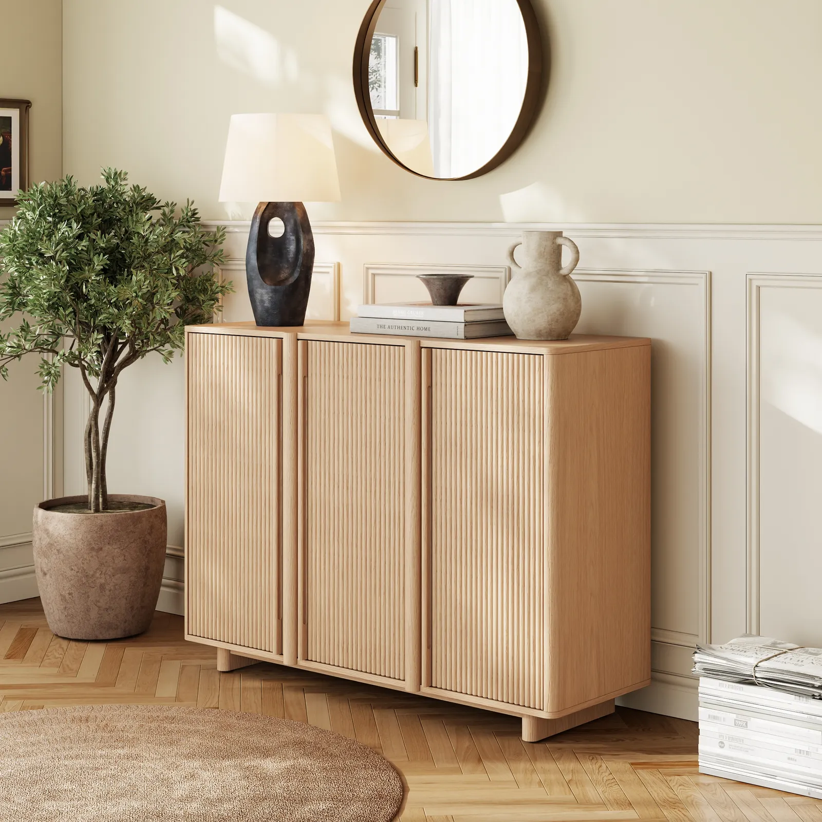 Lineva 48" Ash Wood Veneer Shoe Storage Fluted Entryway Cabinet