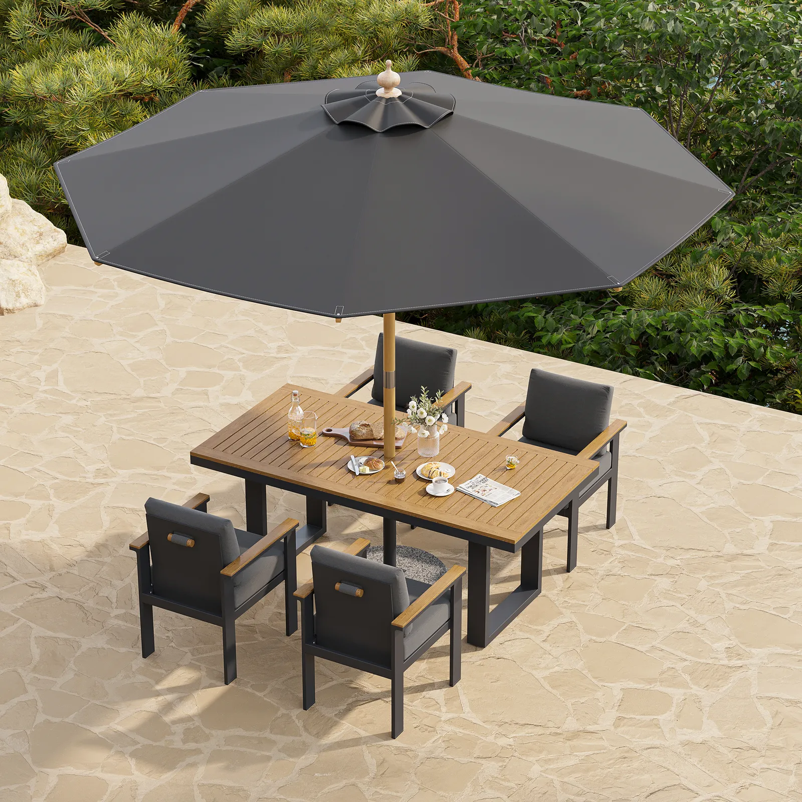 Tevara 6-Piece Rectangular Wood and Aluminium Outdoor Dining Set with Pillar Umbrella