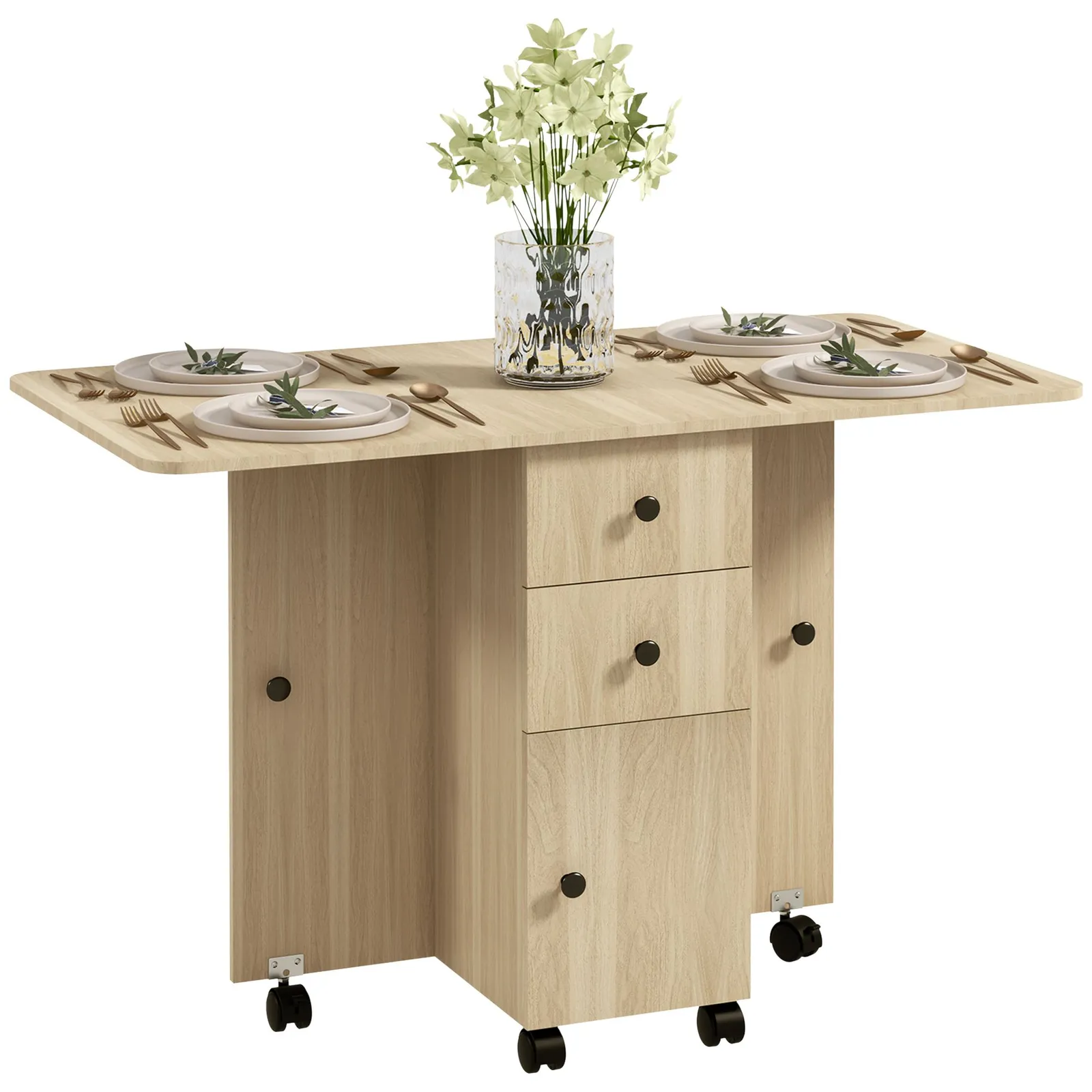 HOMCOM Folding Dining Table for 4-6 Drop Leaf Table on Wheels Natural Wood 2