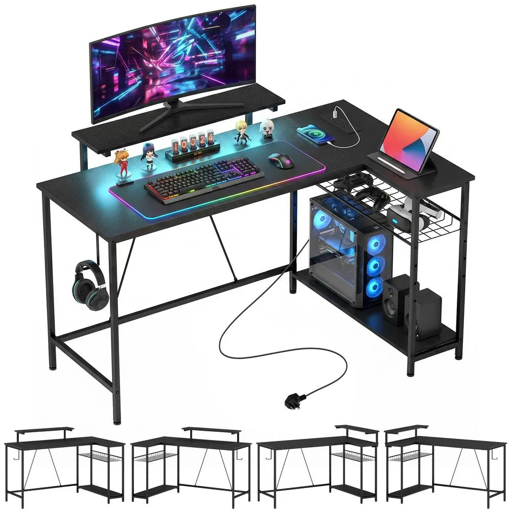 HOMCOM L Shaped Desk with LED Lights & Storage, Black 2