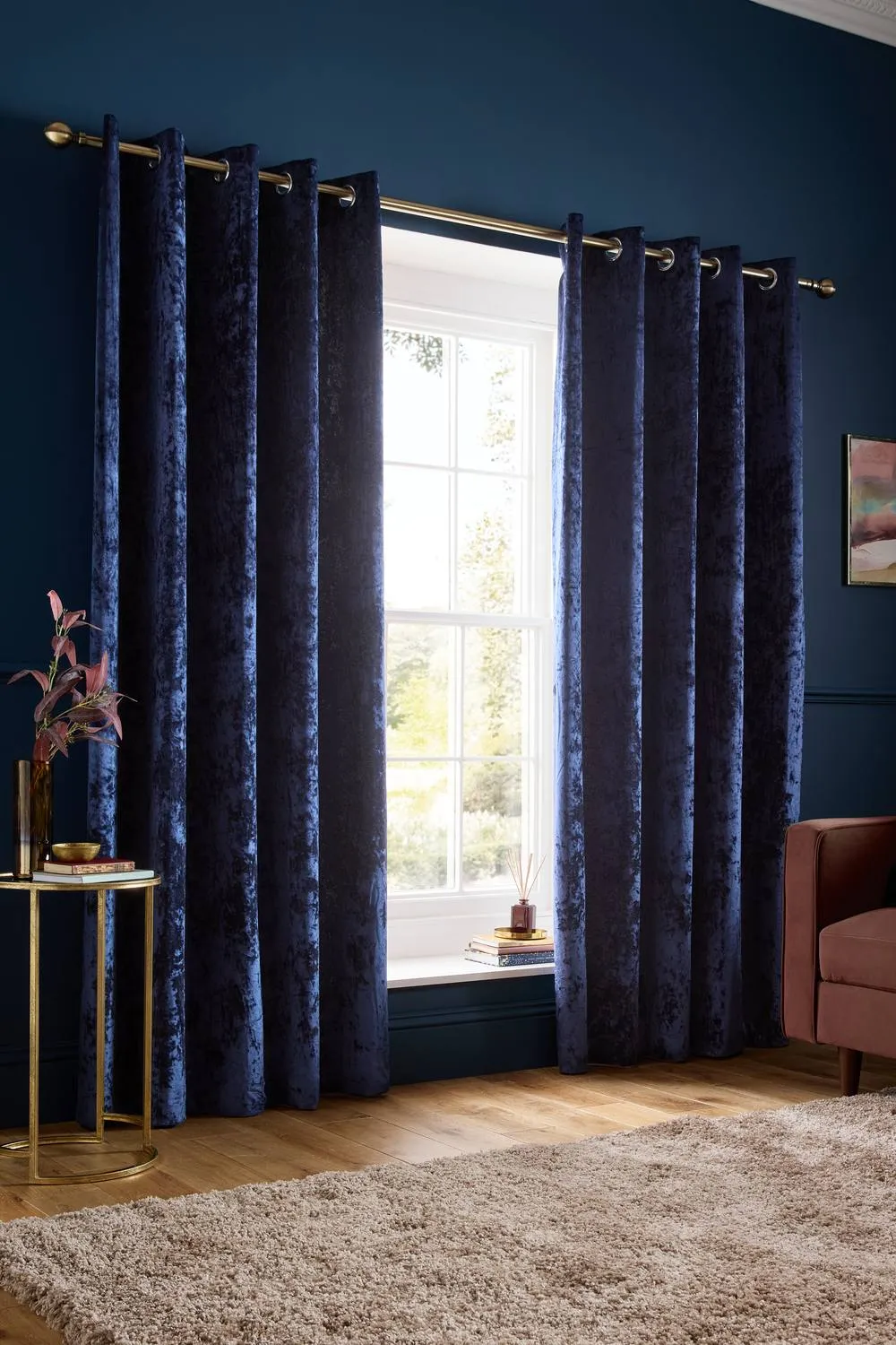 Catherine Lansfield 'Crushed Velvet' Lined Eyelet Curtains in Navy 1