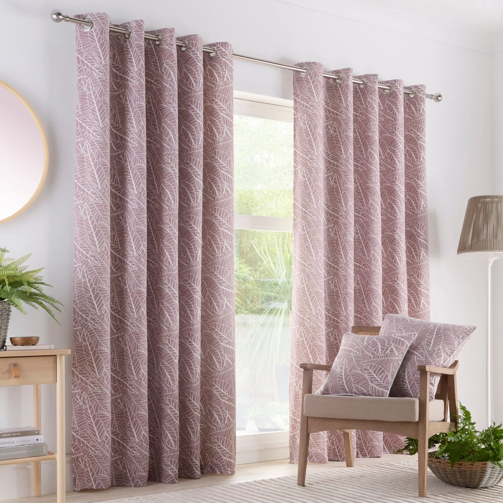 Portfolio Home Madison Botanical Leaves Fully Lined Eyelet Curtain Set in Mauve 1