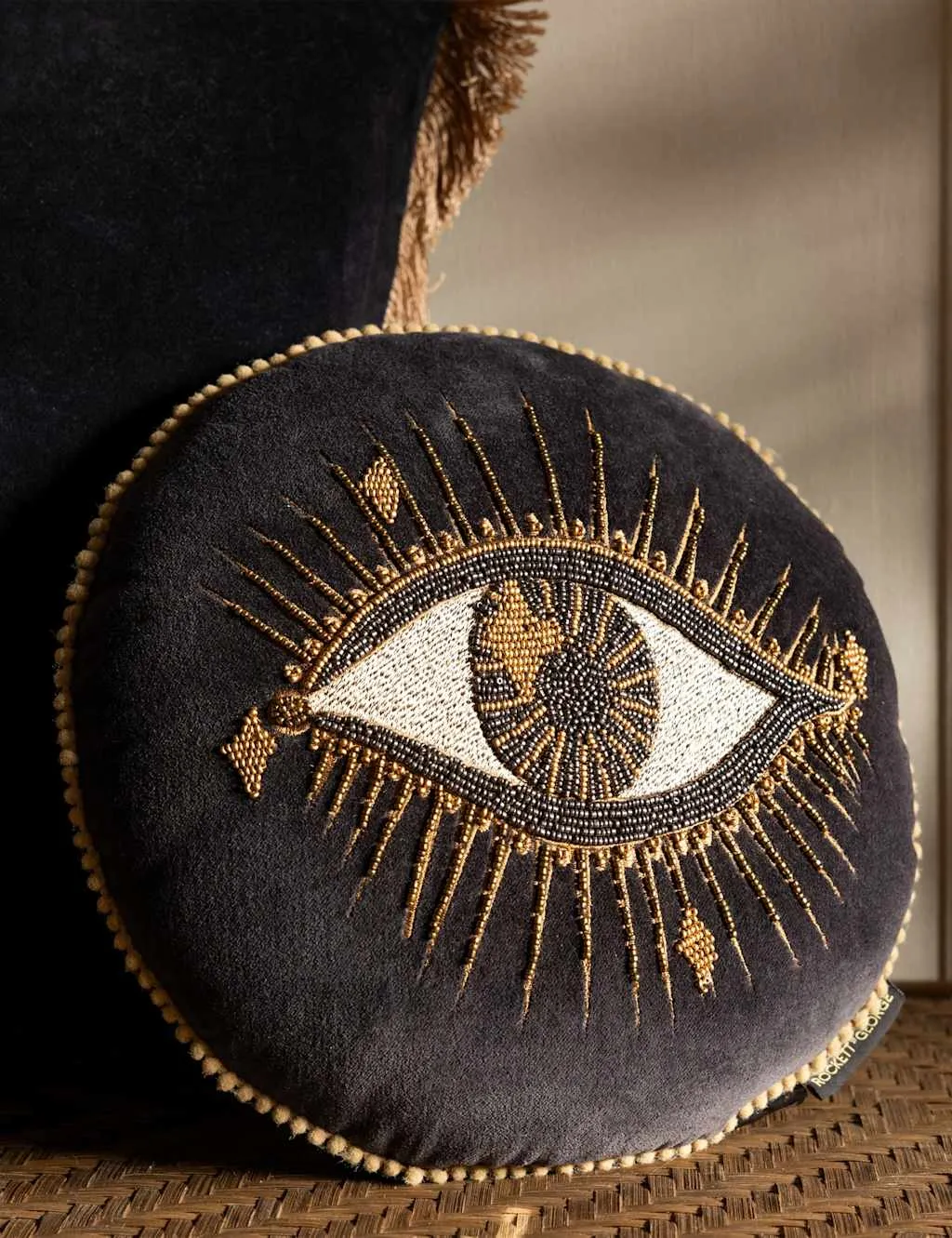 Rockett St George Beaded Eye Velvet Embellished Cushion Black Mix