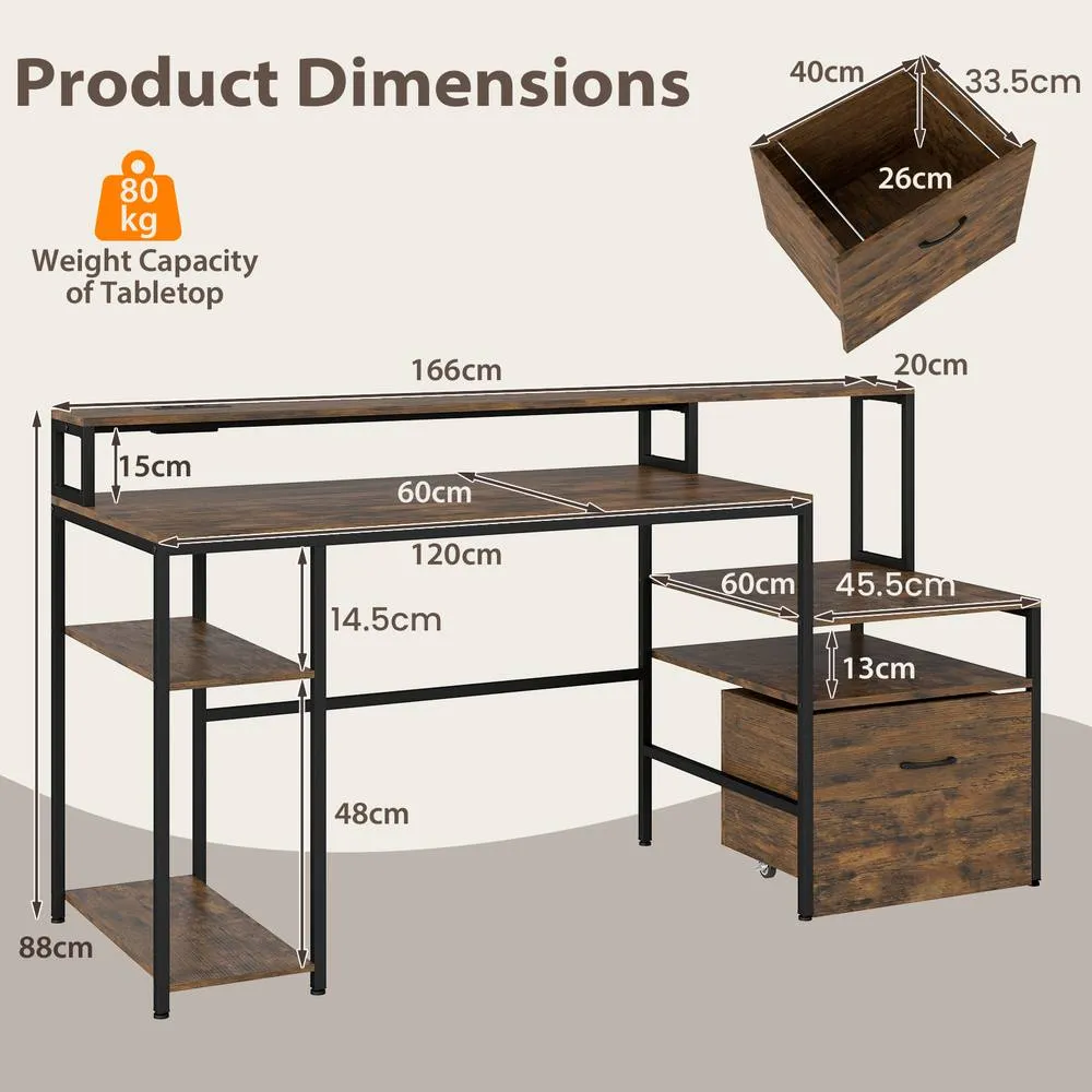 Costway Desk with Charging Station Multi-tiered Computer Workstation with Drawer in Brown 2
