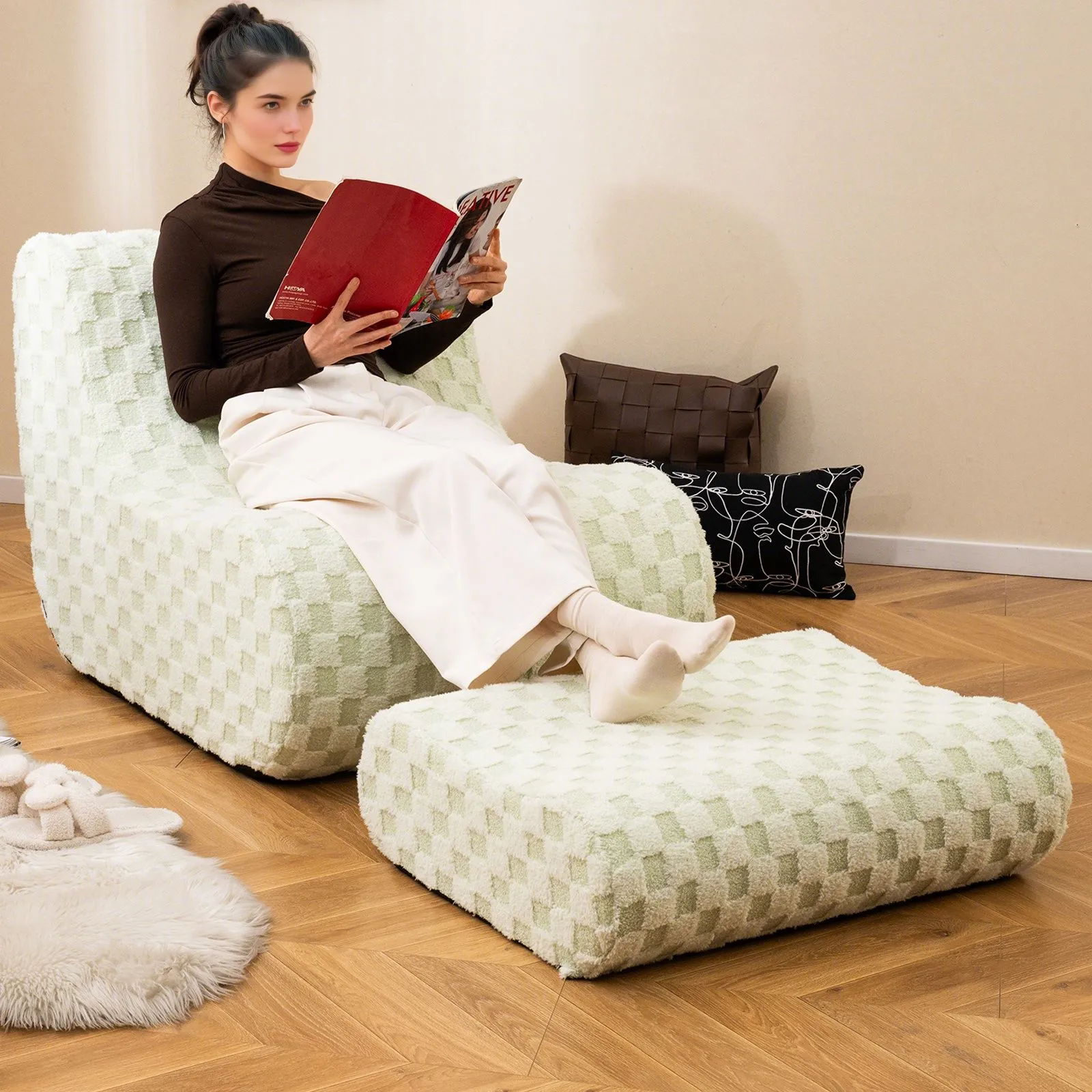 Costway Accent Bean Bag Chair w/ Ottoman Lazy Sofa Chair Set w/ Washable Cover in Beige 5