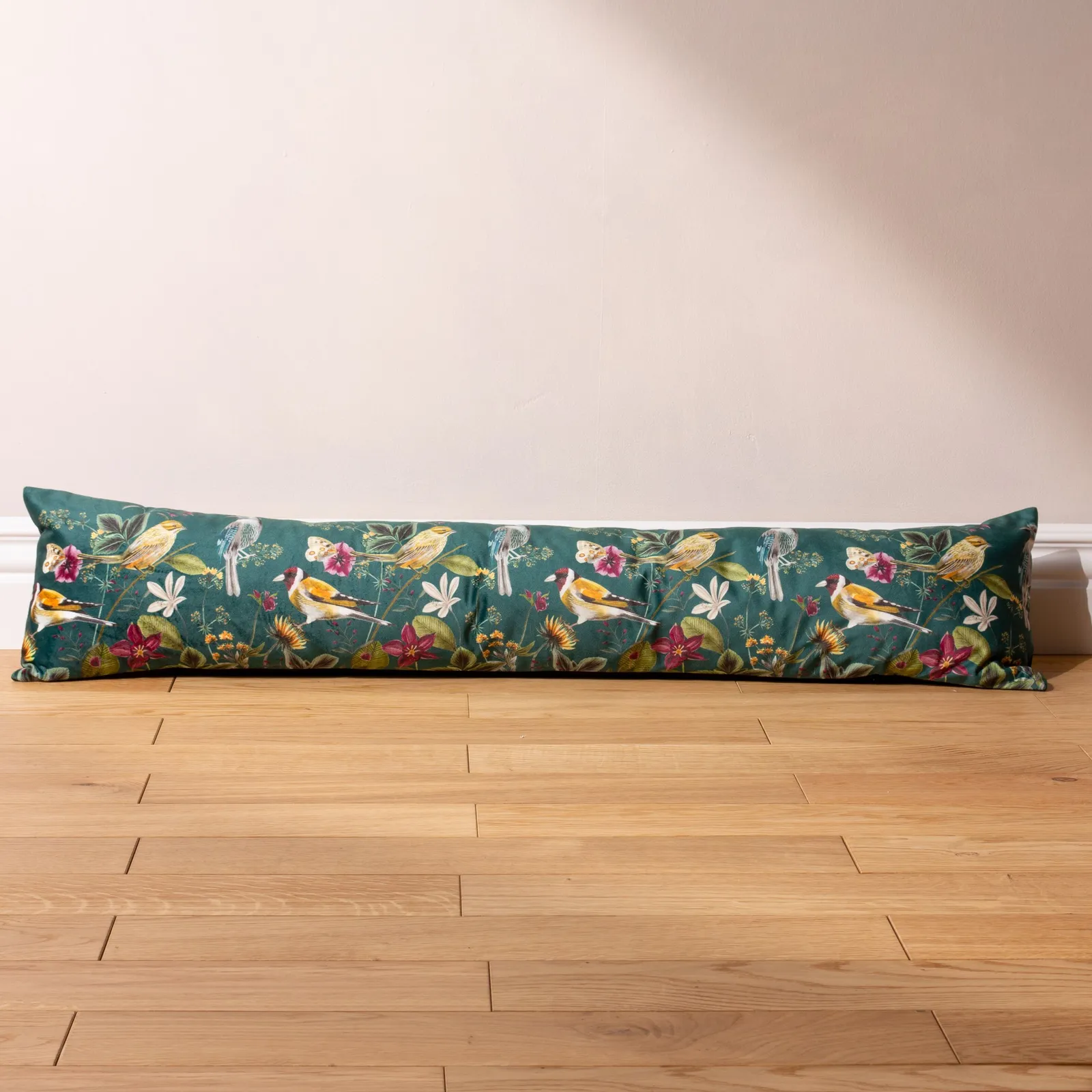 Wylder Nature Midnight Garden Birds Printed Velvet Draught Excluder in Teal