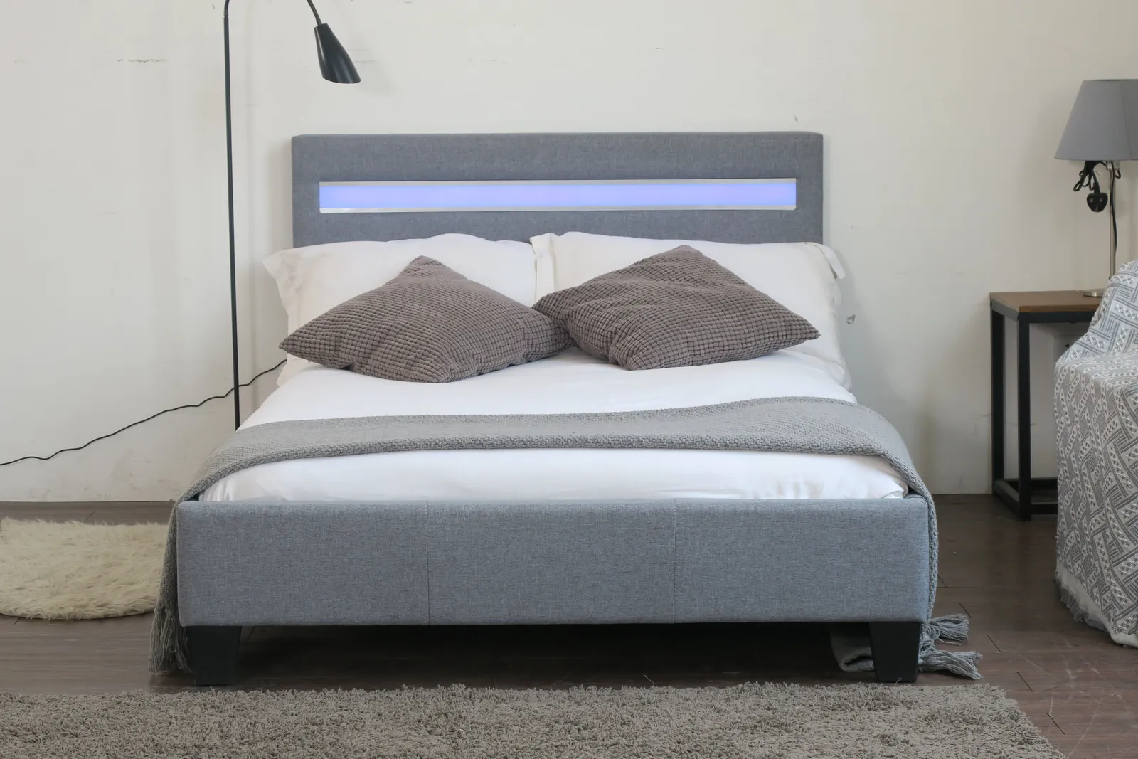 Comfy Living Ltd Modern Hopsack Fabric Upholstered Bedframe With LED Strip in Light Grey 3