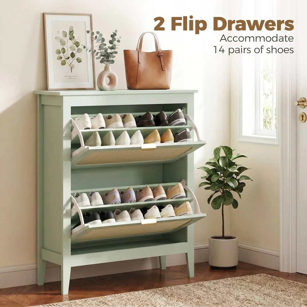 HOMCOM Boho Slim Shoe Cabinet with Rattan Doors, Holds 14 Pairs, Green in Light Green 6