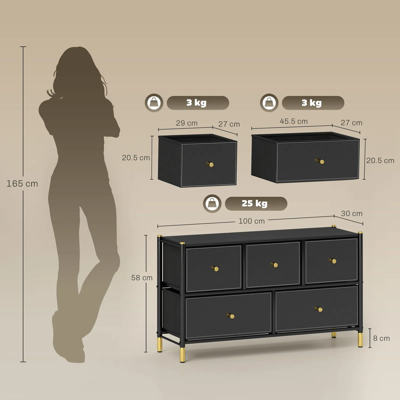 HOMCOM Fabric Chest of Drawers with PU Leather Surface, for Bedroom in Black 3
