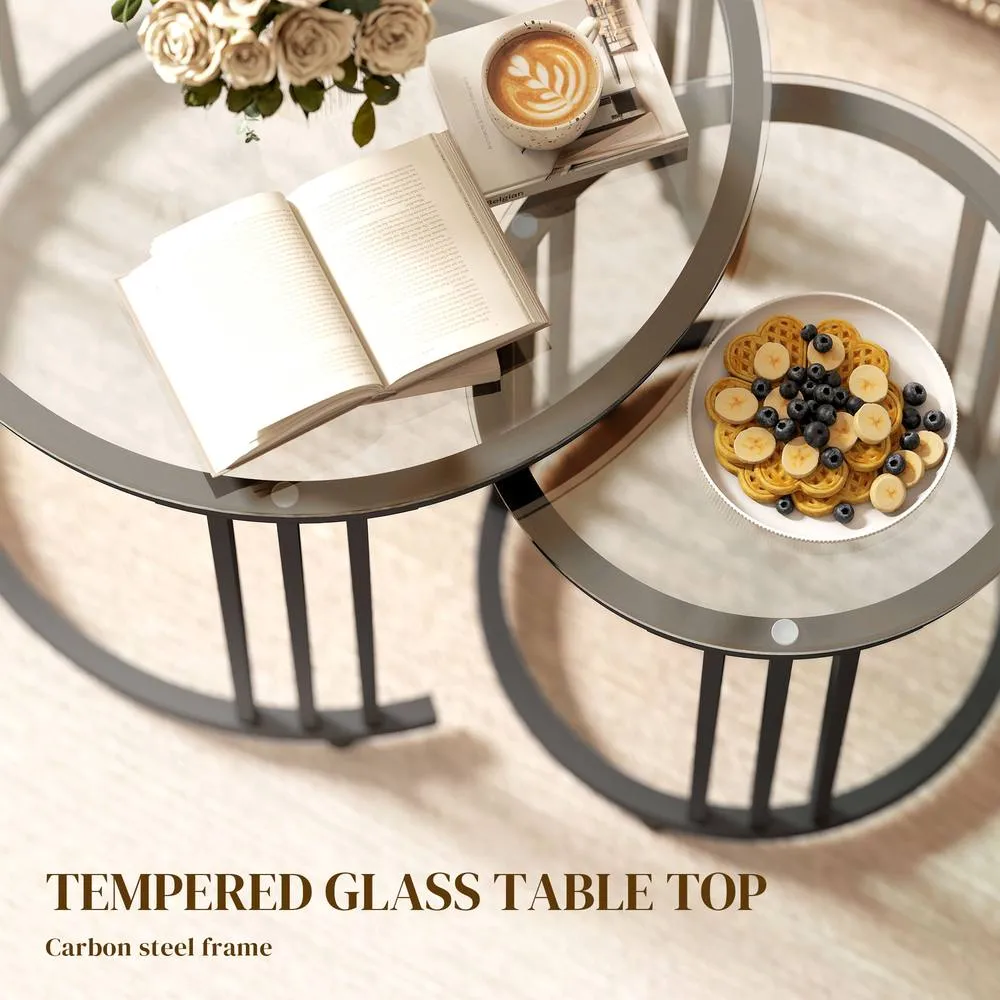 HOMCOM 2 Pieces Round Nesting Coffee Tables with Tempered Glass Top, Black 6