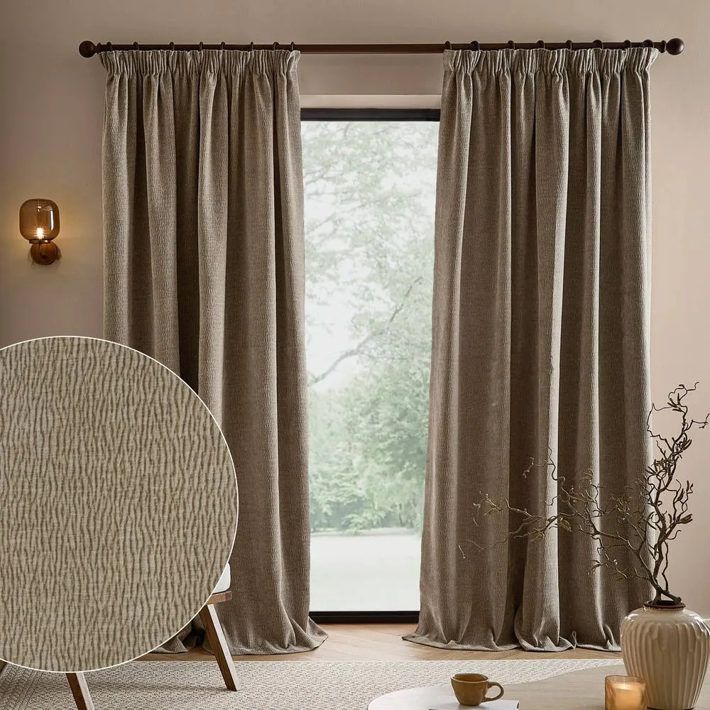 Yard Heath Washed Velvet Fully Lined Pencil Pleat Curtain Pair in Beige