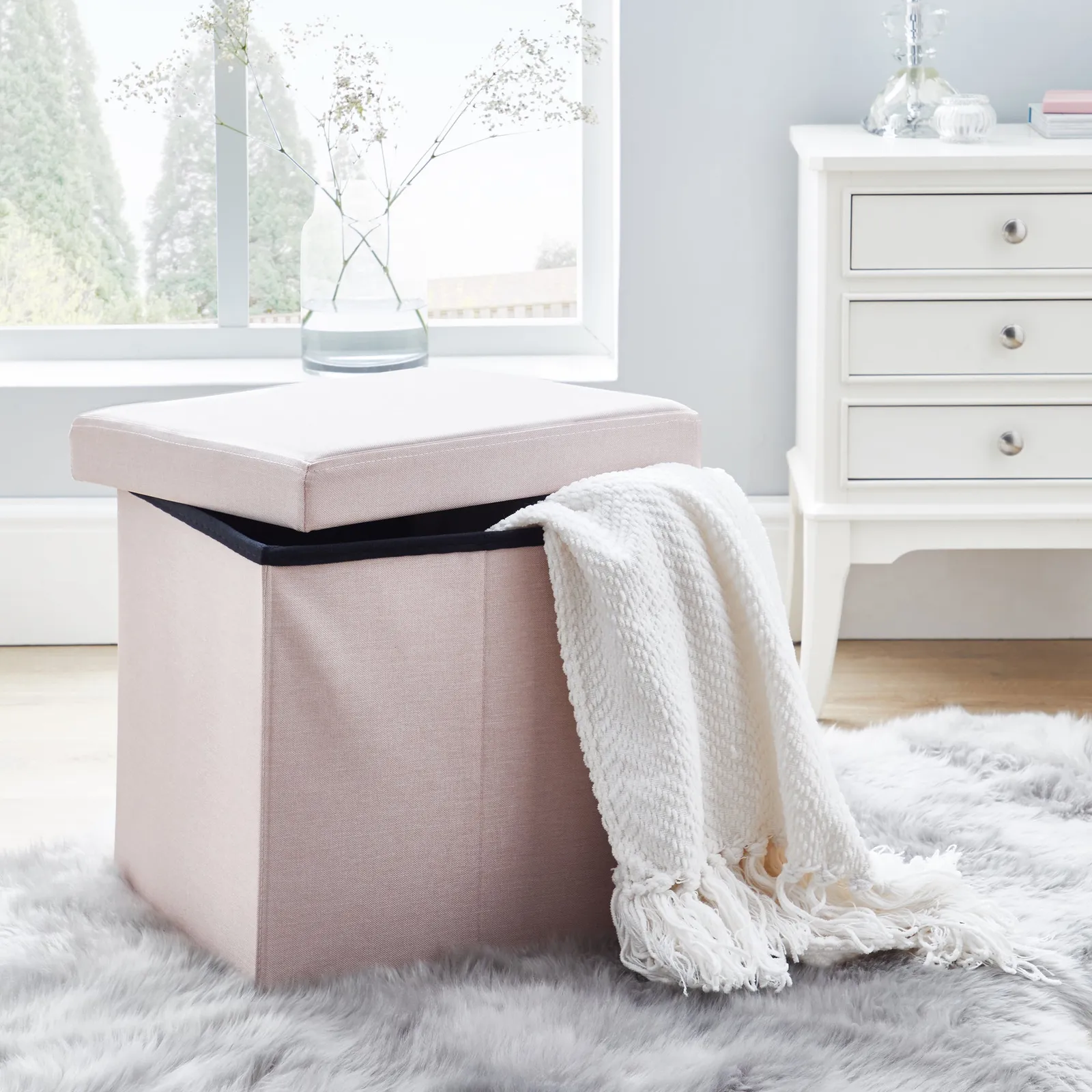 Faux Linen Blush Foldable Cube Ottoman Pink