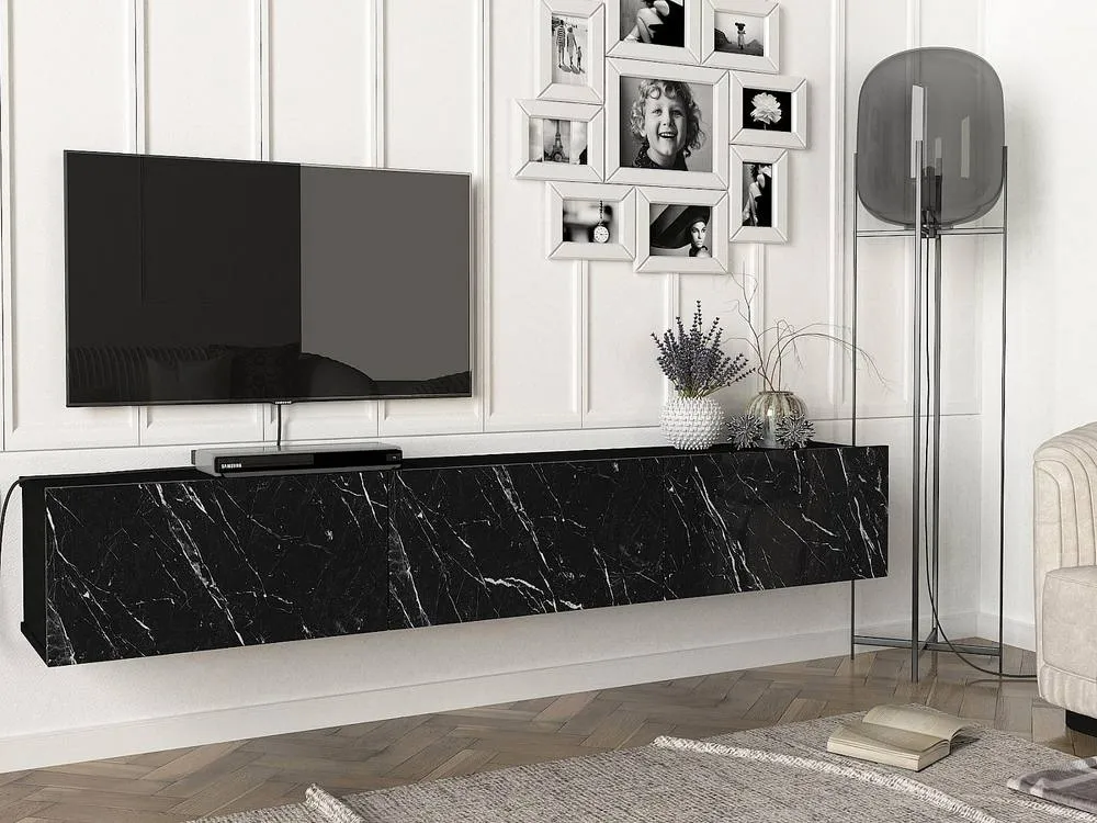 Vente-unique Wall - Mounted TV Unit With 3 Doors - Black Marble Effect - VIKILA