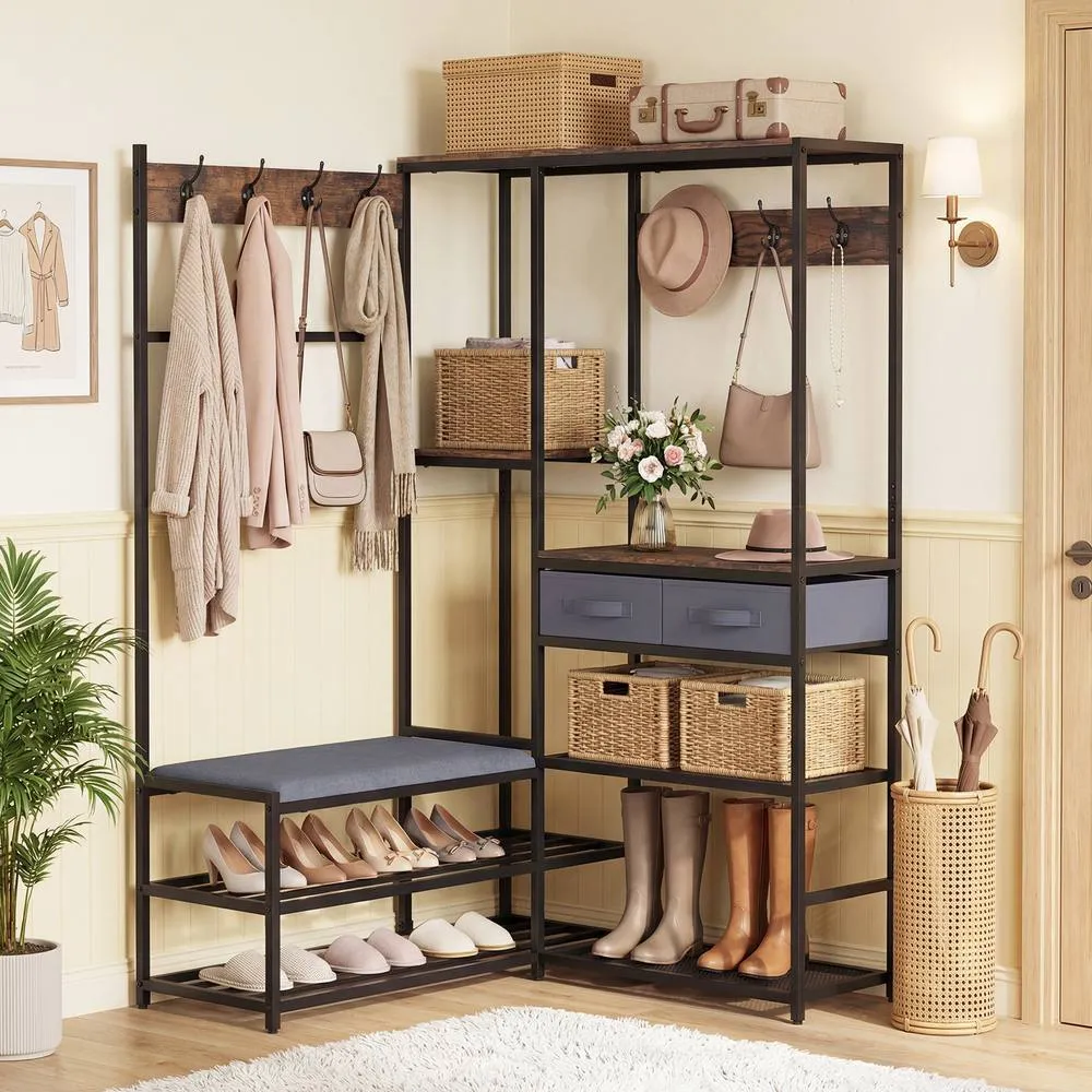 Costway 152 cm Corner Coat Rack with Shoe Bench L-Shaped Garment Rack With 7 Hooks in Brown 4