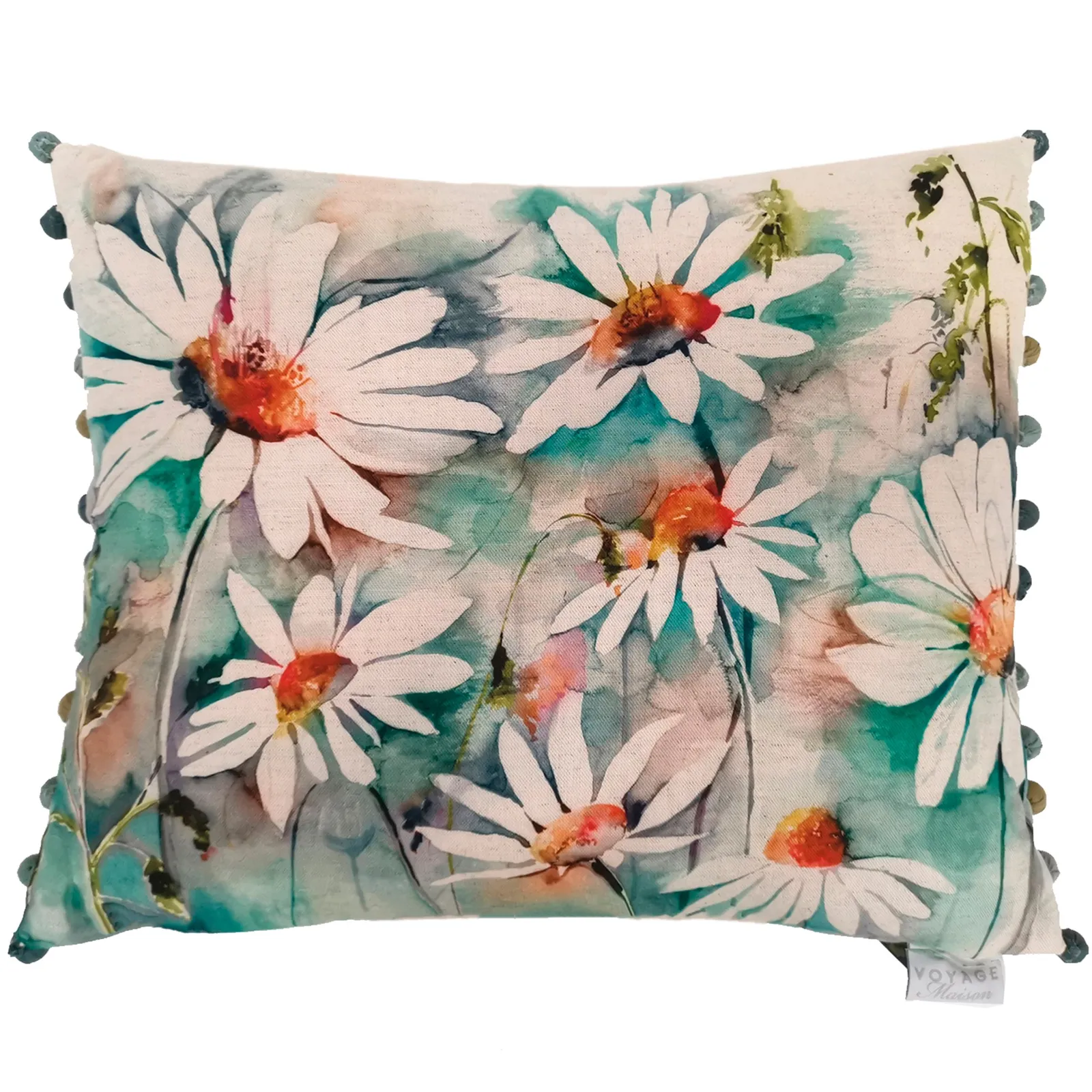 Voyage Maison Prairie Floral Pom-Pom Cushion in Blue 2