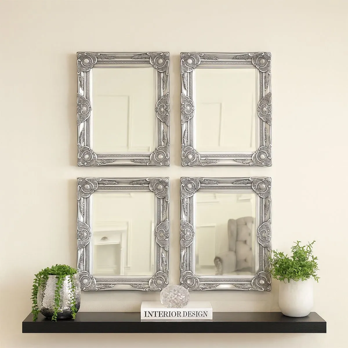 Melody Maison Set Of 4 Ornate Silver Wall Mirrors With Bevelled Glass in Metallic Silver