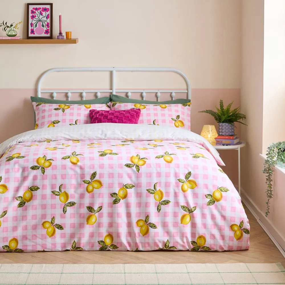 Heya Home Gingham Lemons Reversible Duvet Cover Set in Pink
