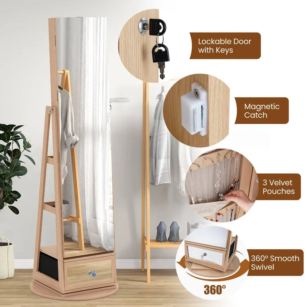 Costway 4 iN 1 Swivel Jewelry Cabinet Lockable Jewelry Armoire in Natural 5