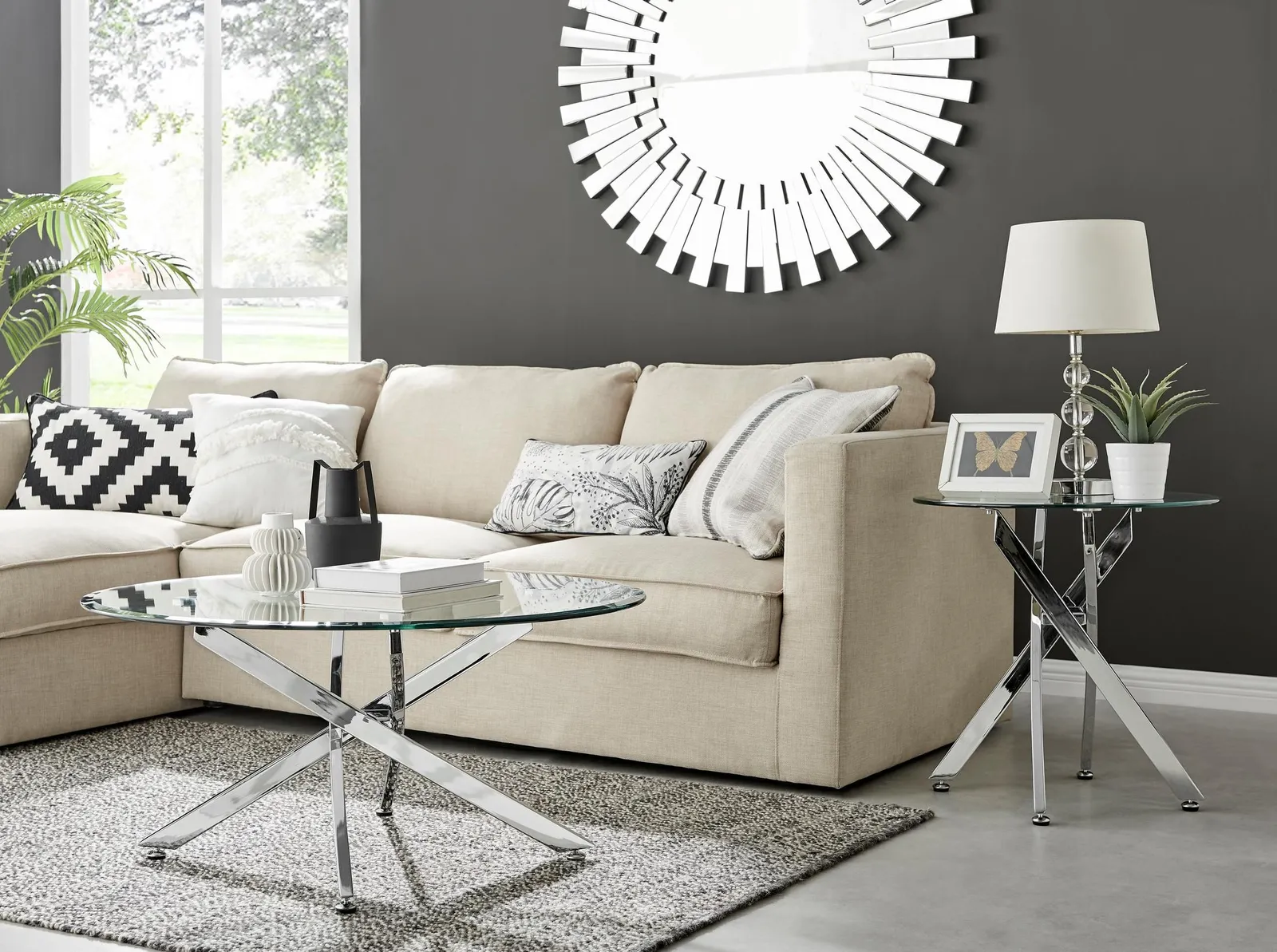 FurnitureboxUK Novara Round Glass Coffee Table with Angled Starburst Metal Legs for Modern Glam Minimalist Living Room in Silver 5