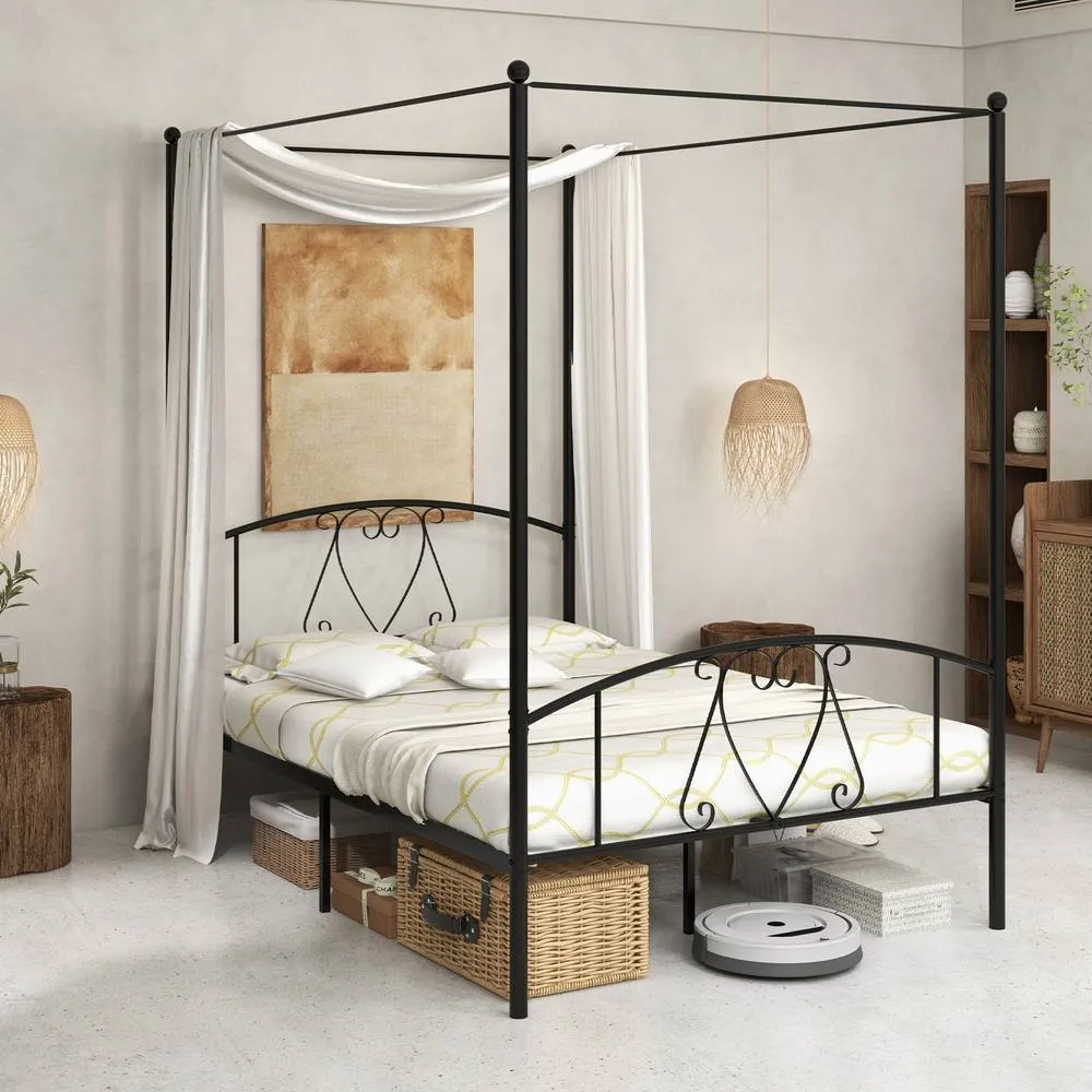 Costway Double Canopy Bed Frame Metal Platform Bed Base w/Headboard Footboard in Black