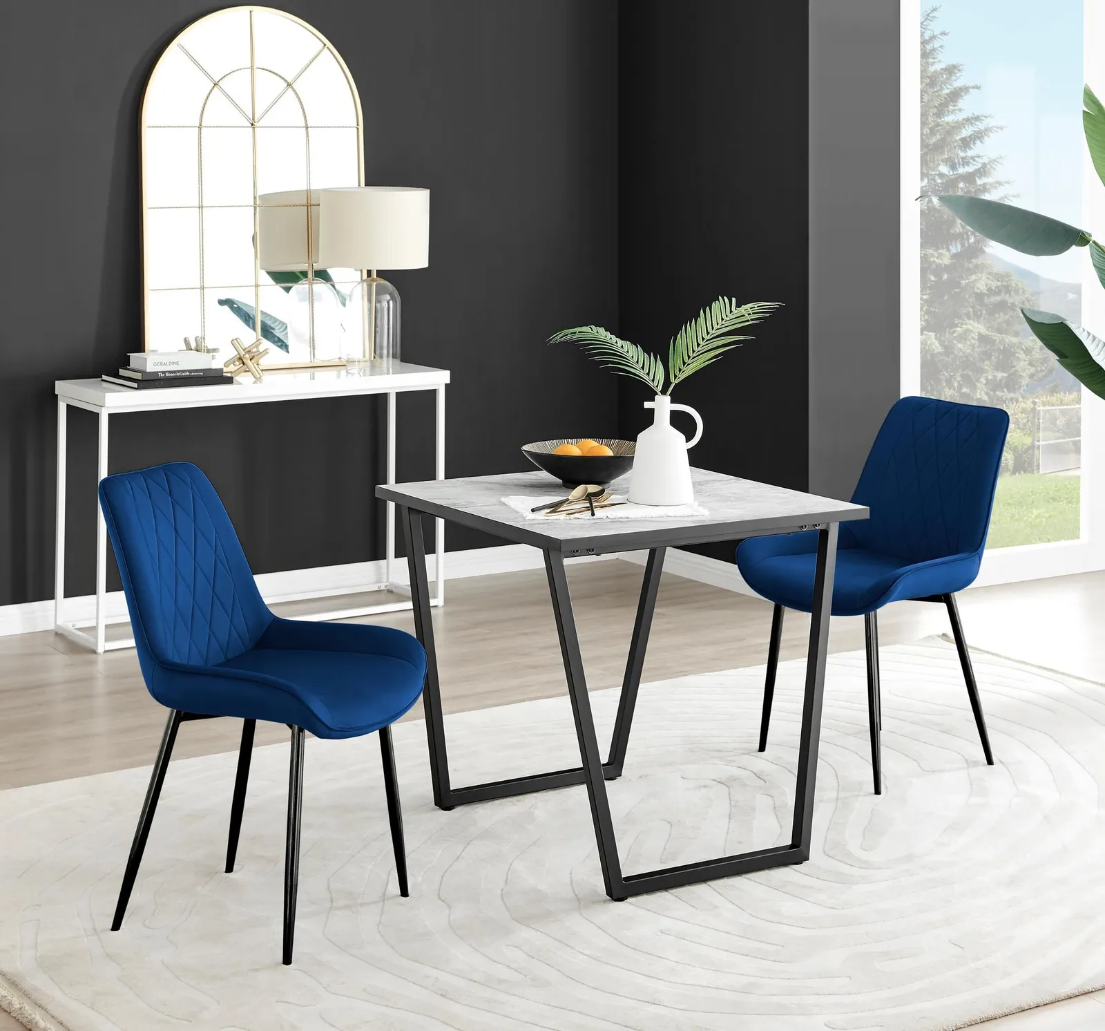 FurnitureboxUK Carson White Marble Effect Square Dining Table & 2 Velvet Pesaro Black Leg Chairs in Navy