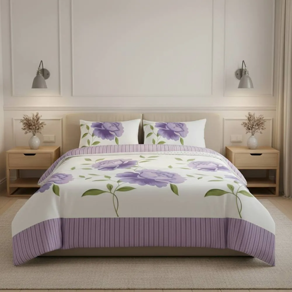 Snug City Reversible Floral Duvet Set Elegant Flower Stripe Pattern Bedding in Lilac
