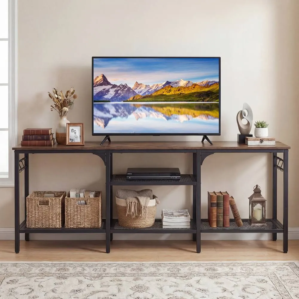 Costway Industrial Entertainment Center with Shelves in Brown 3